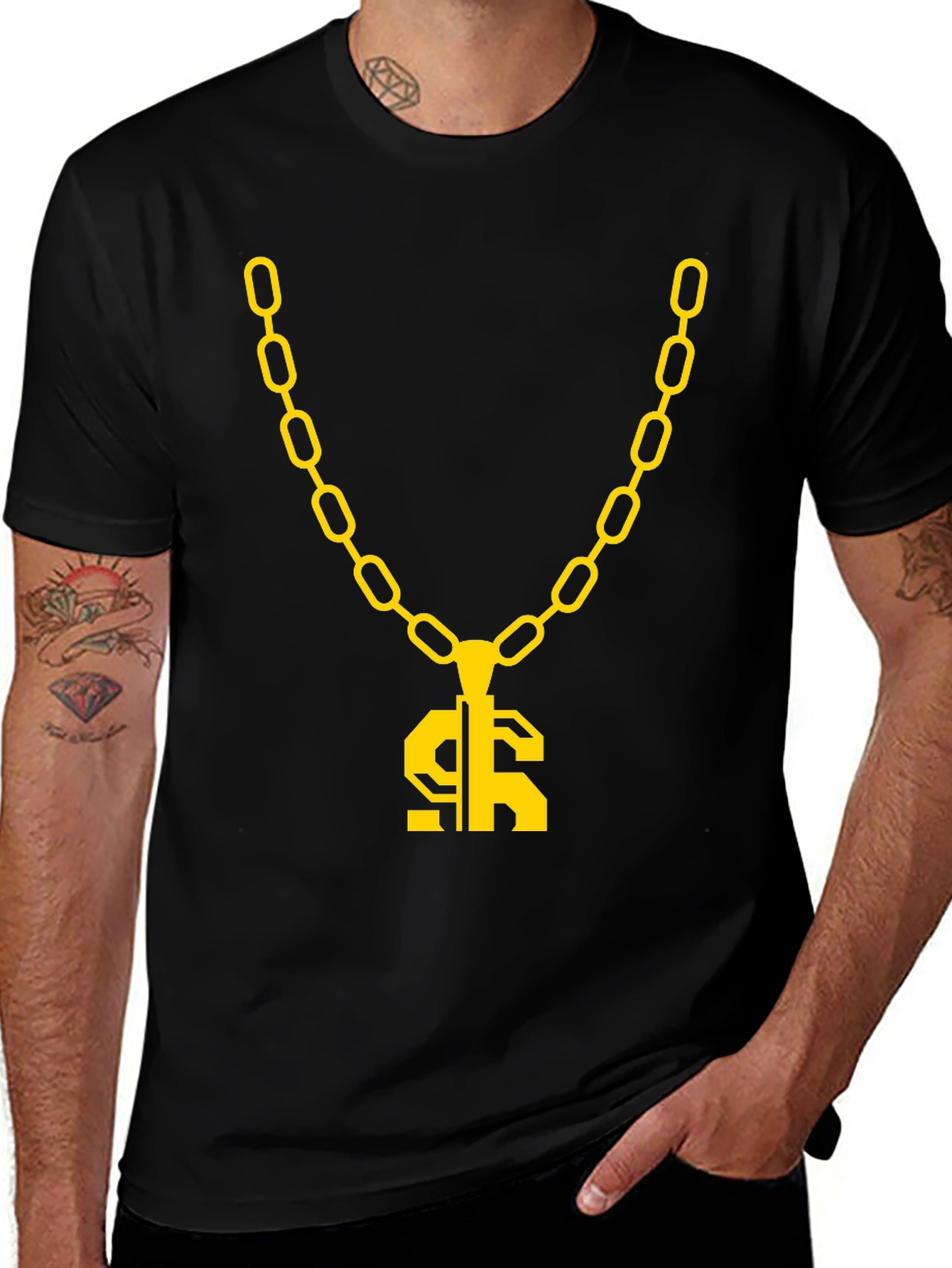 Gold Chain Dollar Sign Black Graphic Tee
