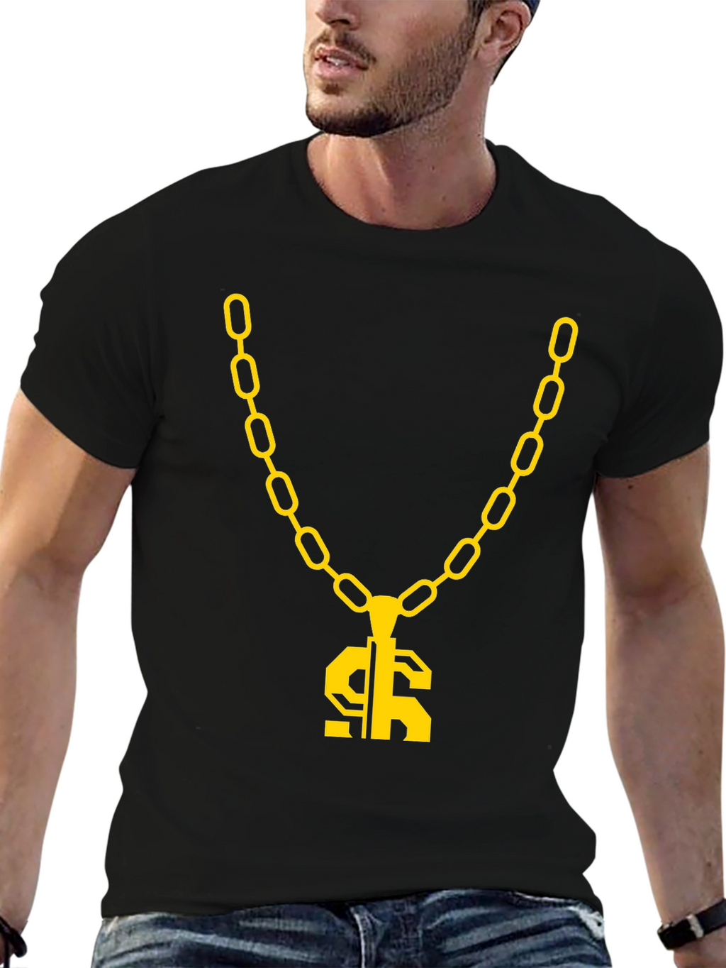 Gold Chain Dollar Sign Black Graphic Tee