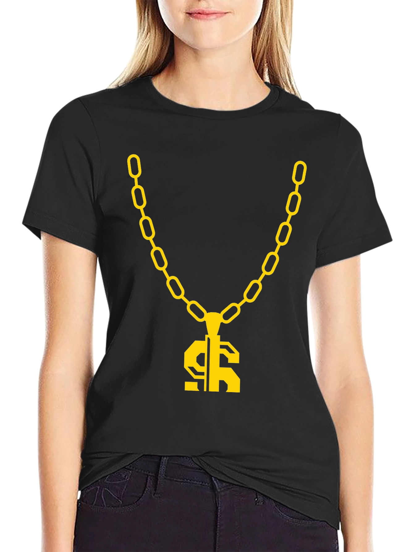 Gold Chain Dollar Sign Black Graphic Tee