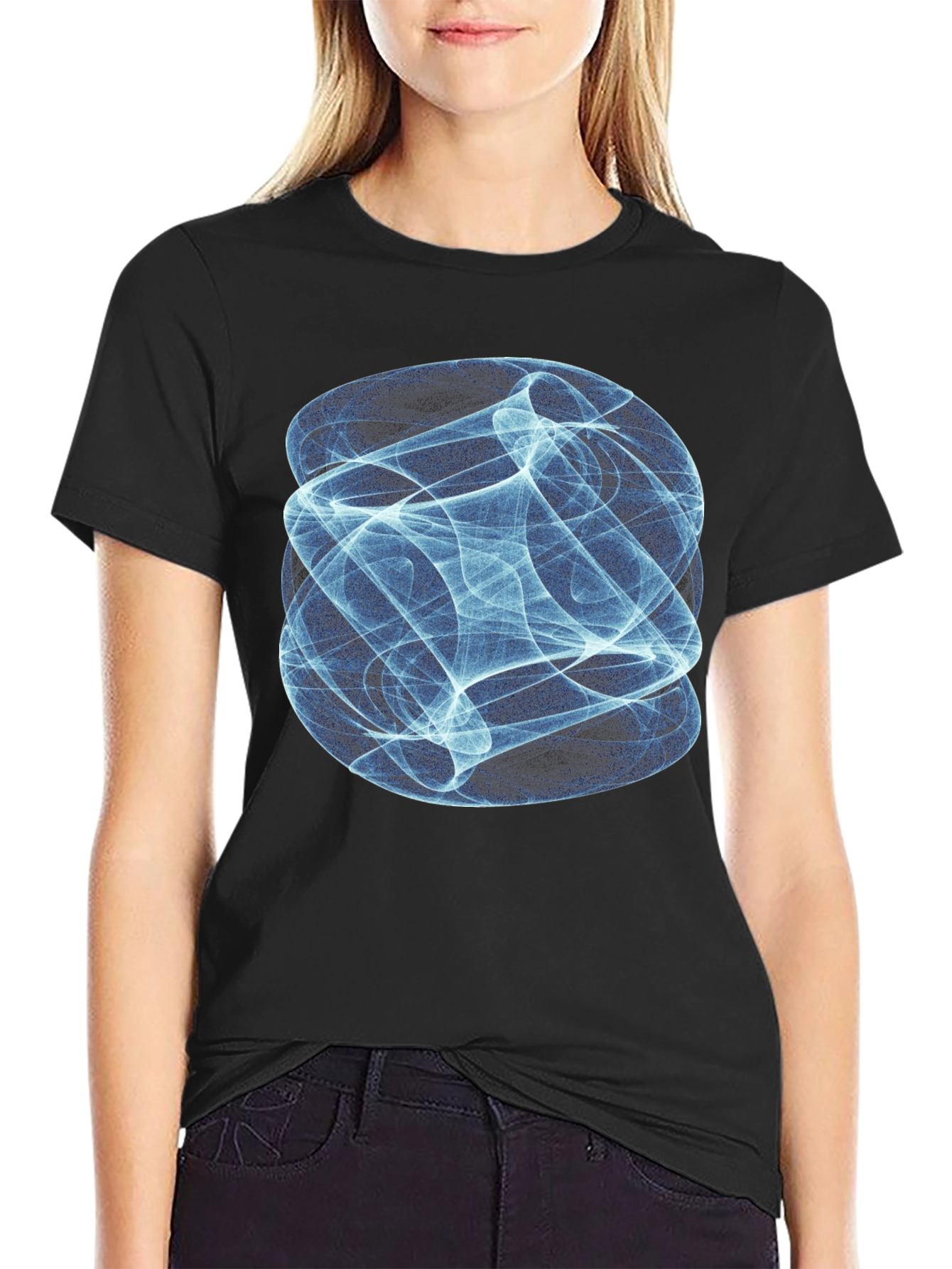 Abstract Blue Swirl Graphic Print Black T-Shirt
