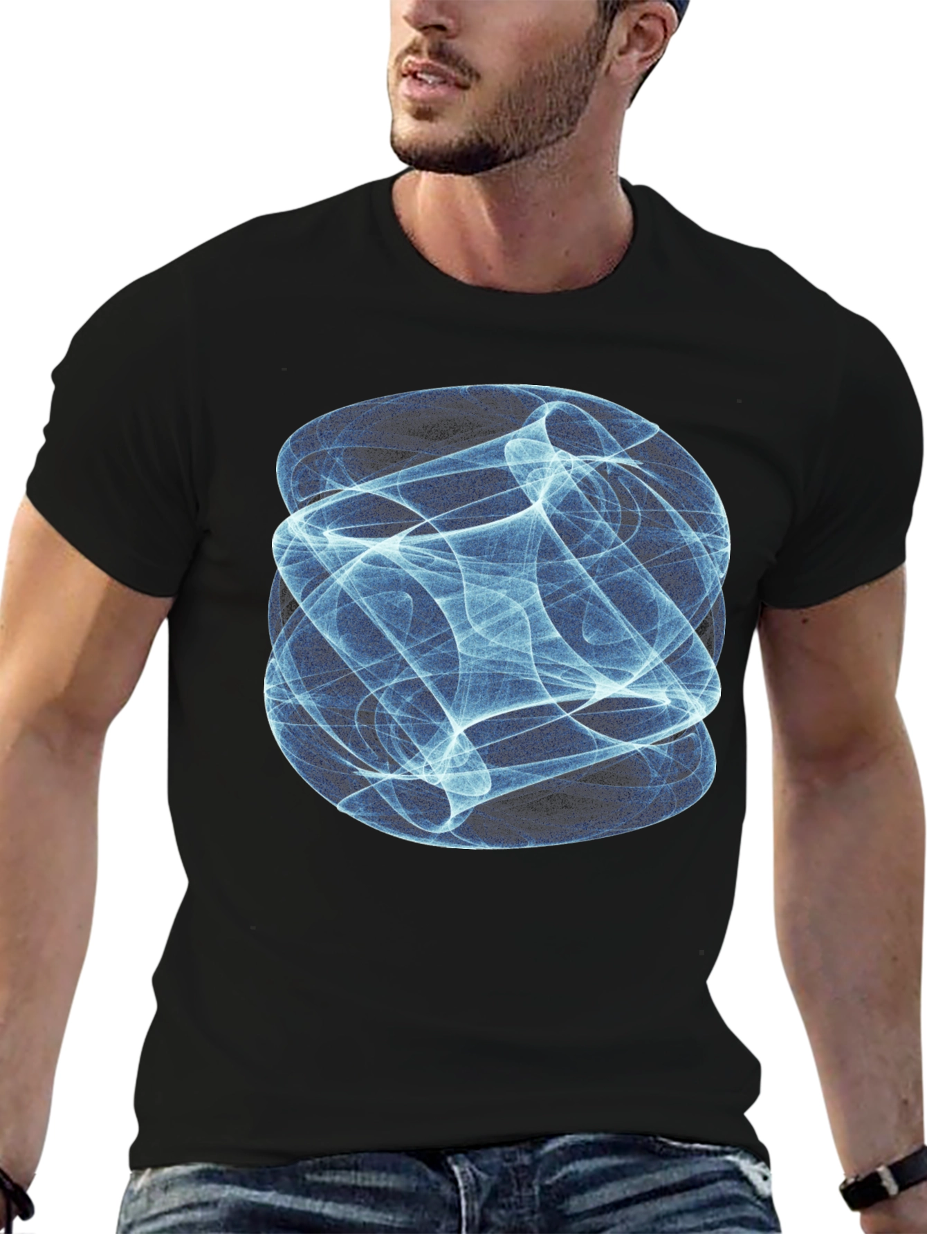Abstract Blue Swirl Graphic Print Black T-Shirt