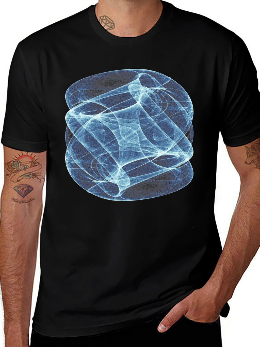 Abstract Blue Swirl Graphic Print Black T-Shirt
