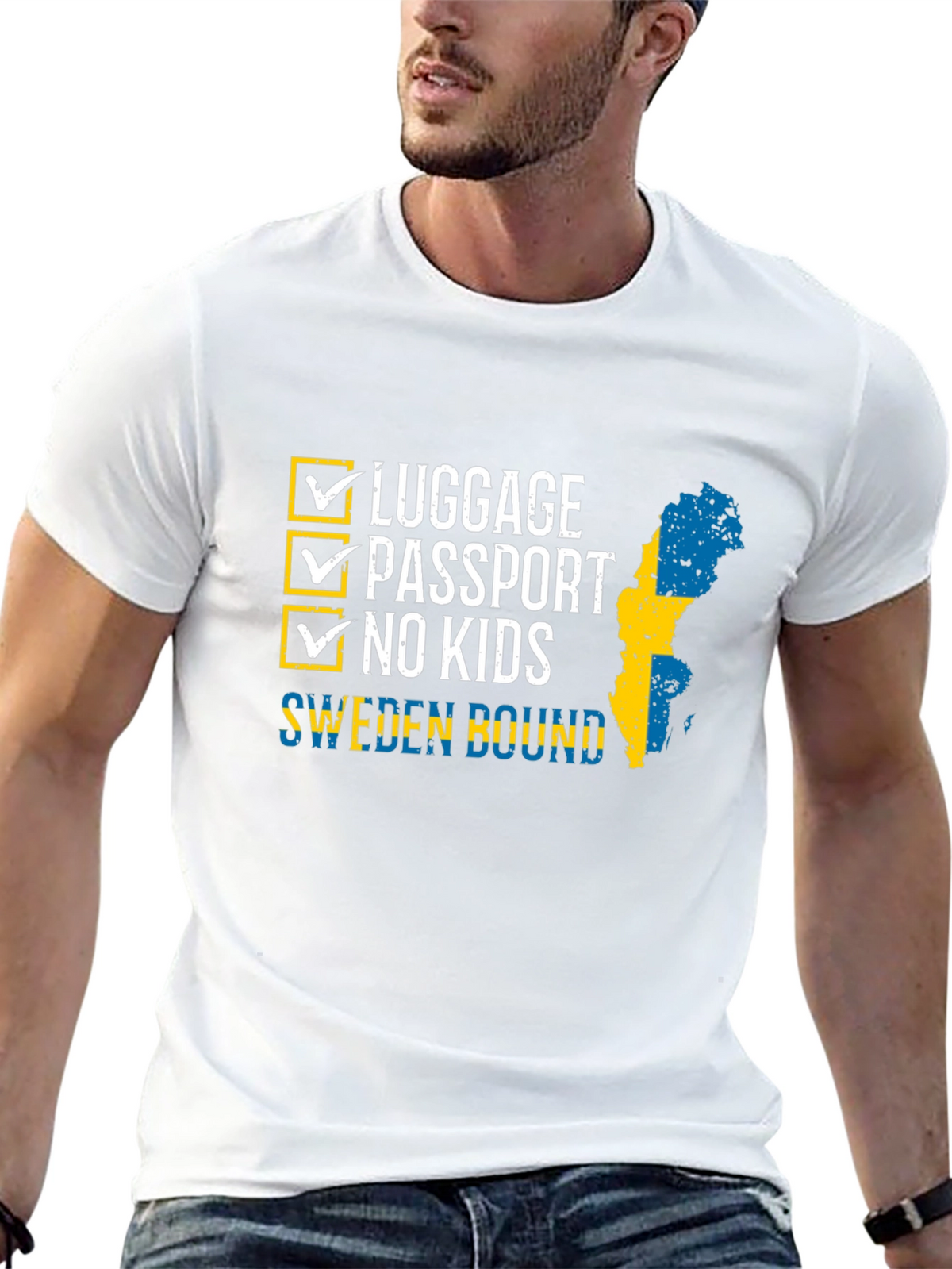 Sweden Bound T-Shirt: Luggage Passport No Kids - Travel Ready!