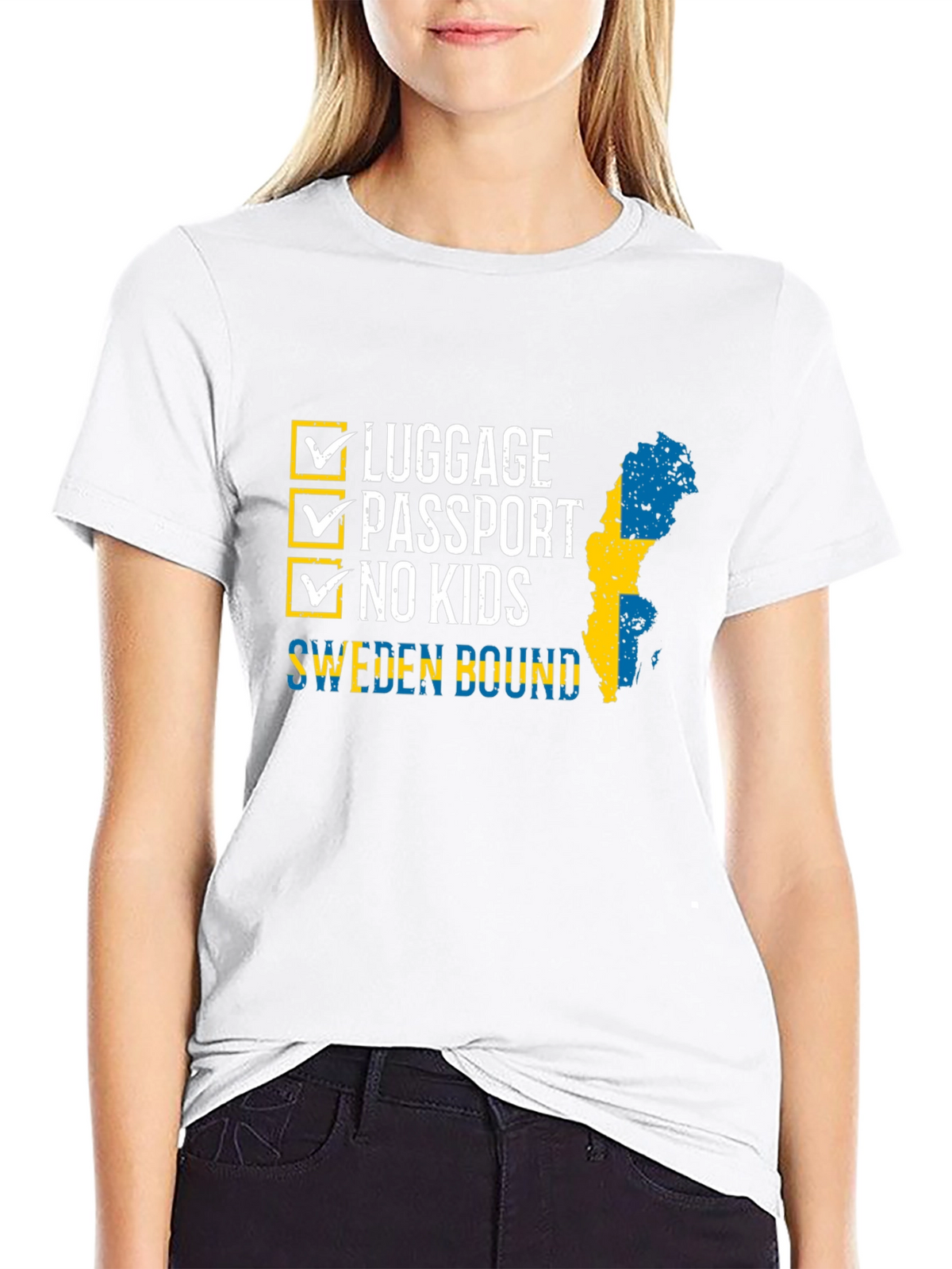 Sweden Bound T-Shirt: Luggage Passport No Kids - Travel Ready!