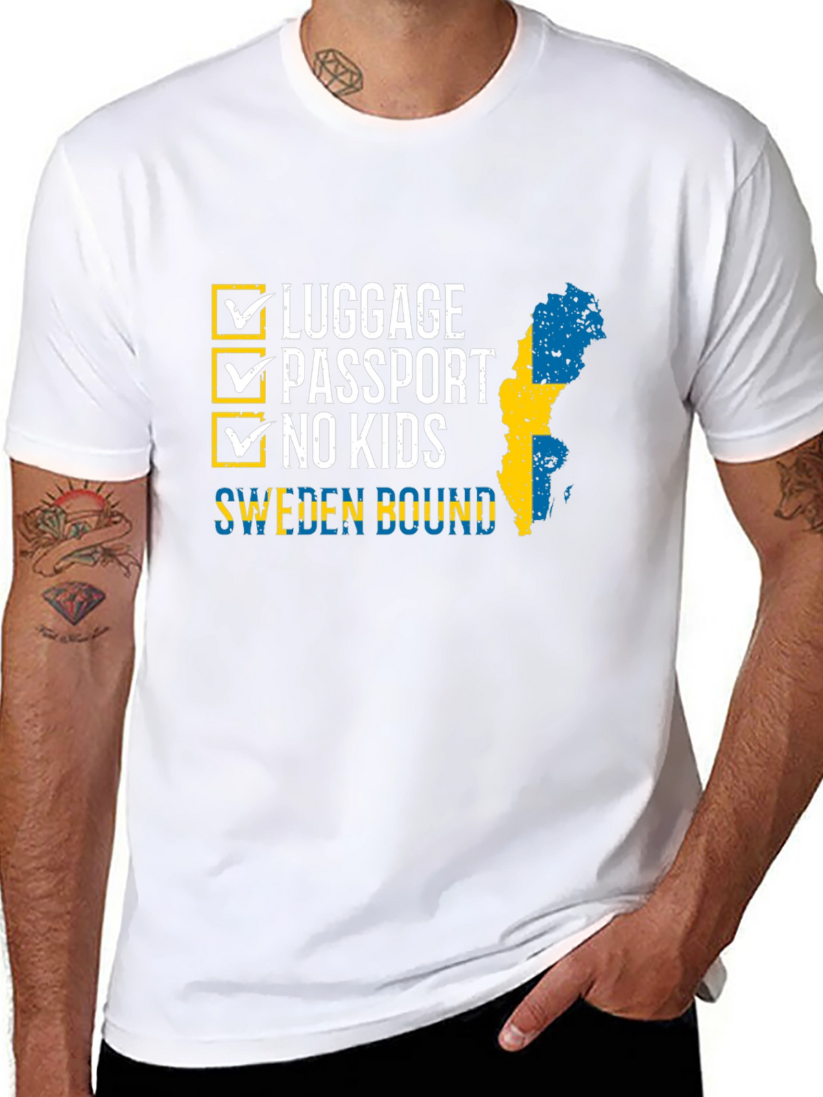 Sweden Bound T-Shirt: Luggage Passport No Kids - Travel Ready!