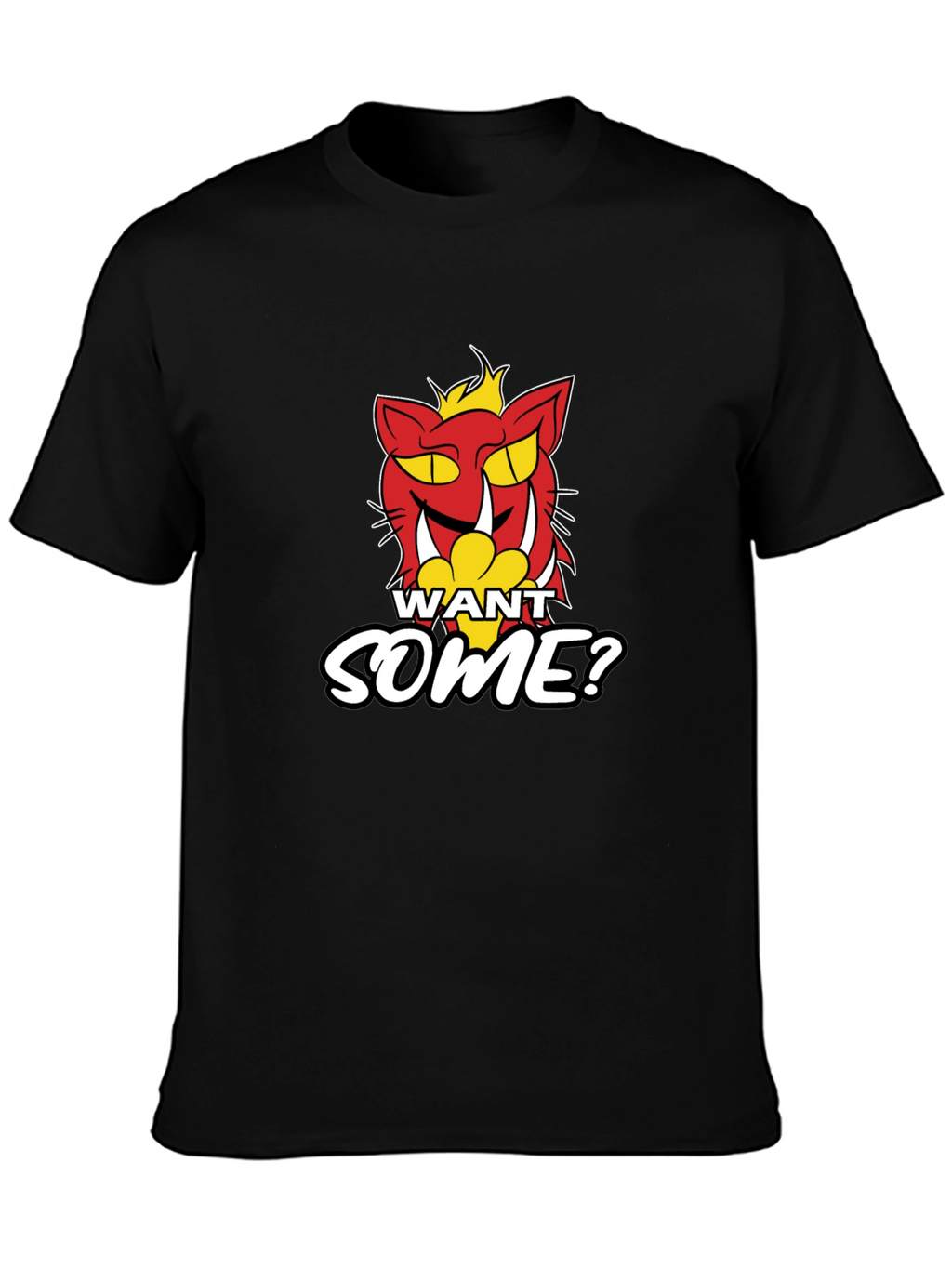 Want Some? Cartoon Cat Graphic Print Black T-Shirt