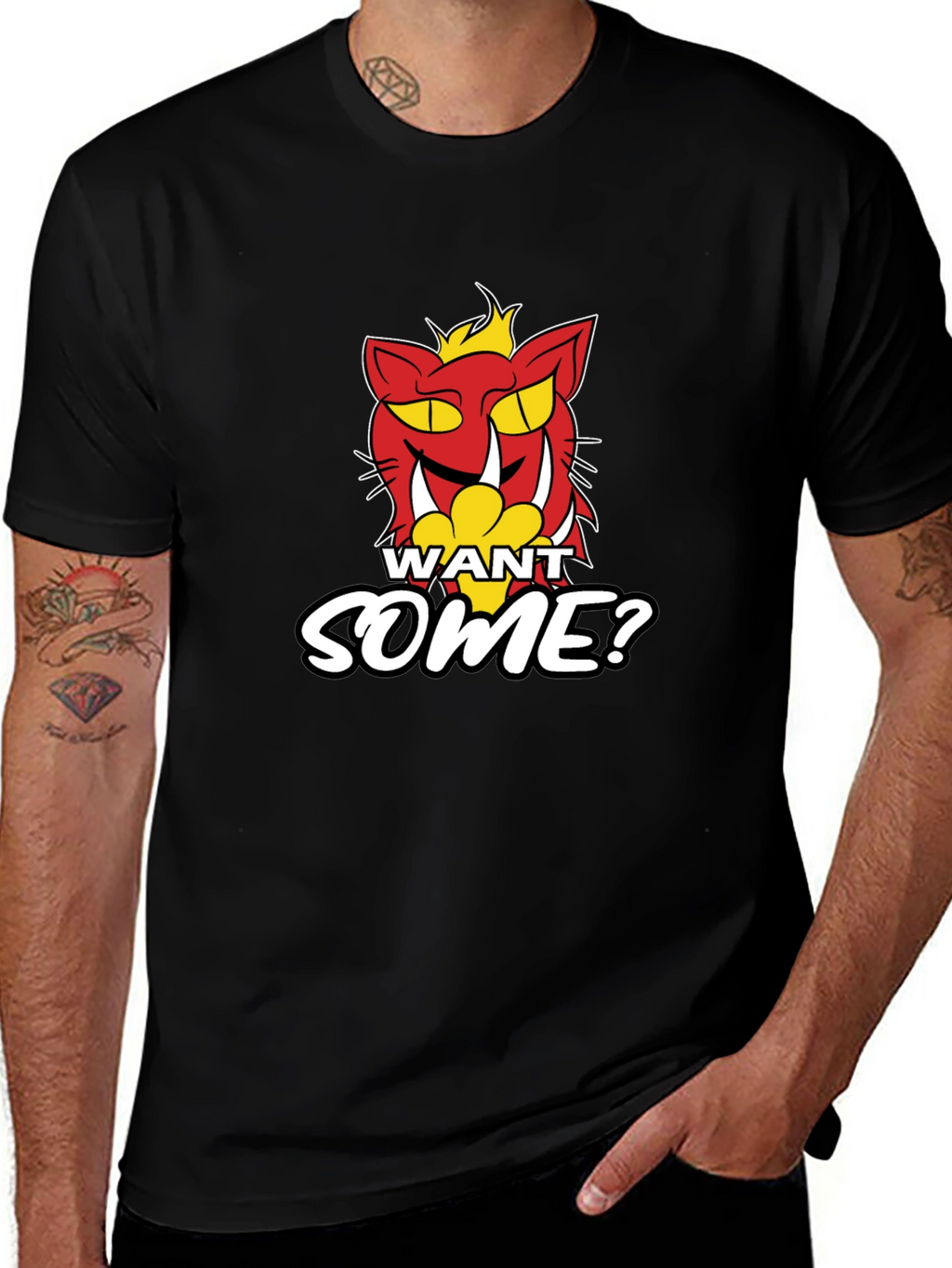 Want Some? Cartoon Cat Graphic Print Black T-Shirt