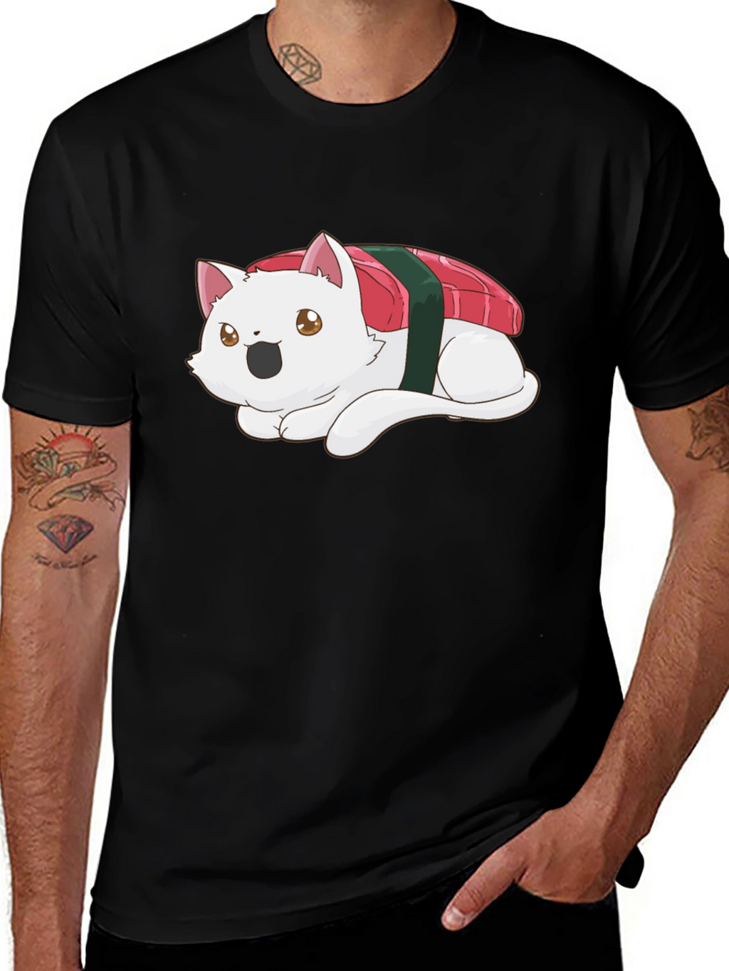 Sushi Cat Black T-Shirt - Whimsical Design