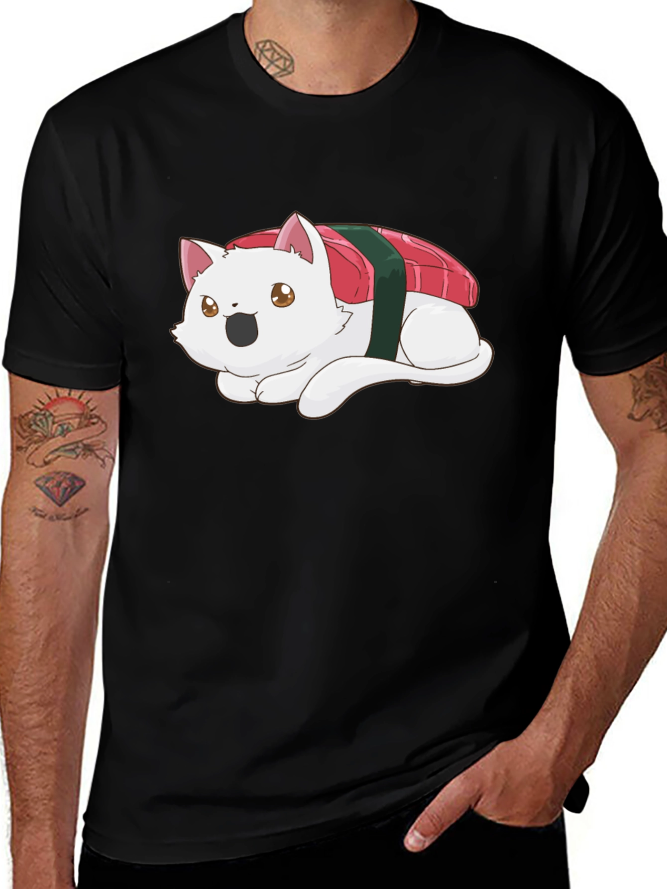 Sushi Cat Black T-Shirt - Whimsical Design