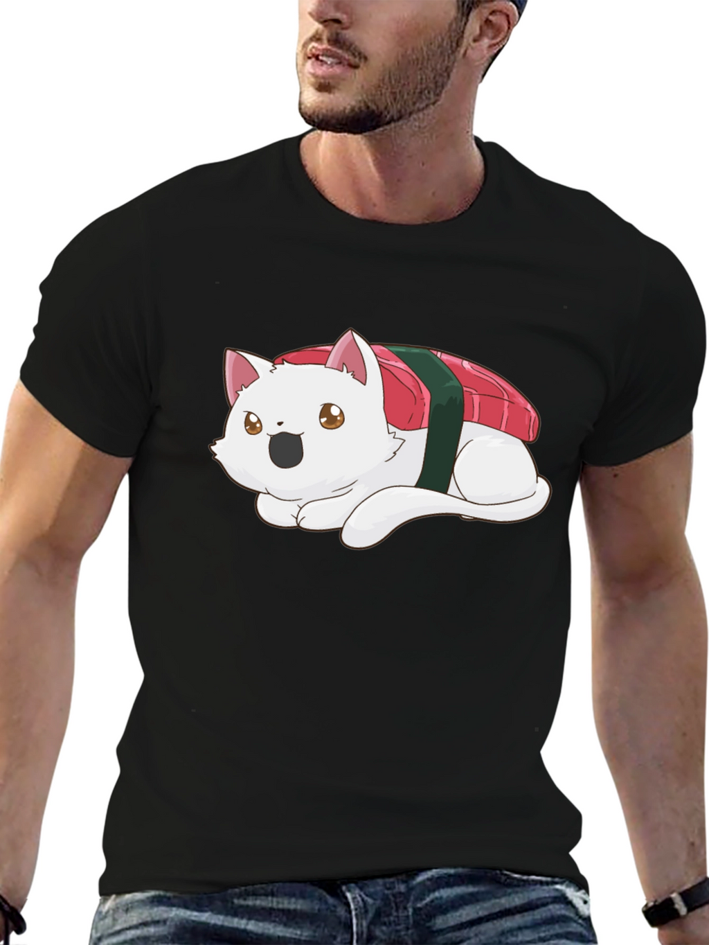 Sushi Cat Black T-Shirt - Whimsical Design