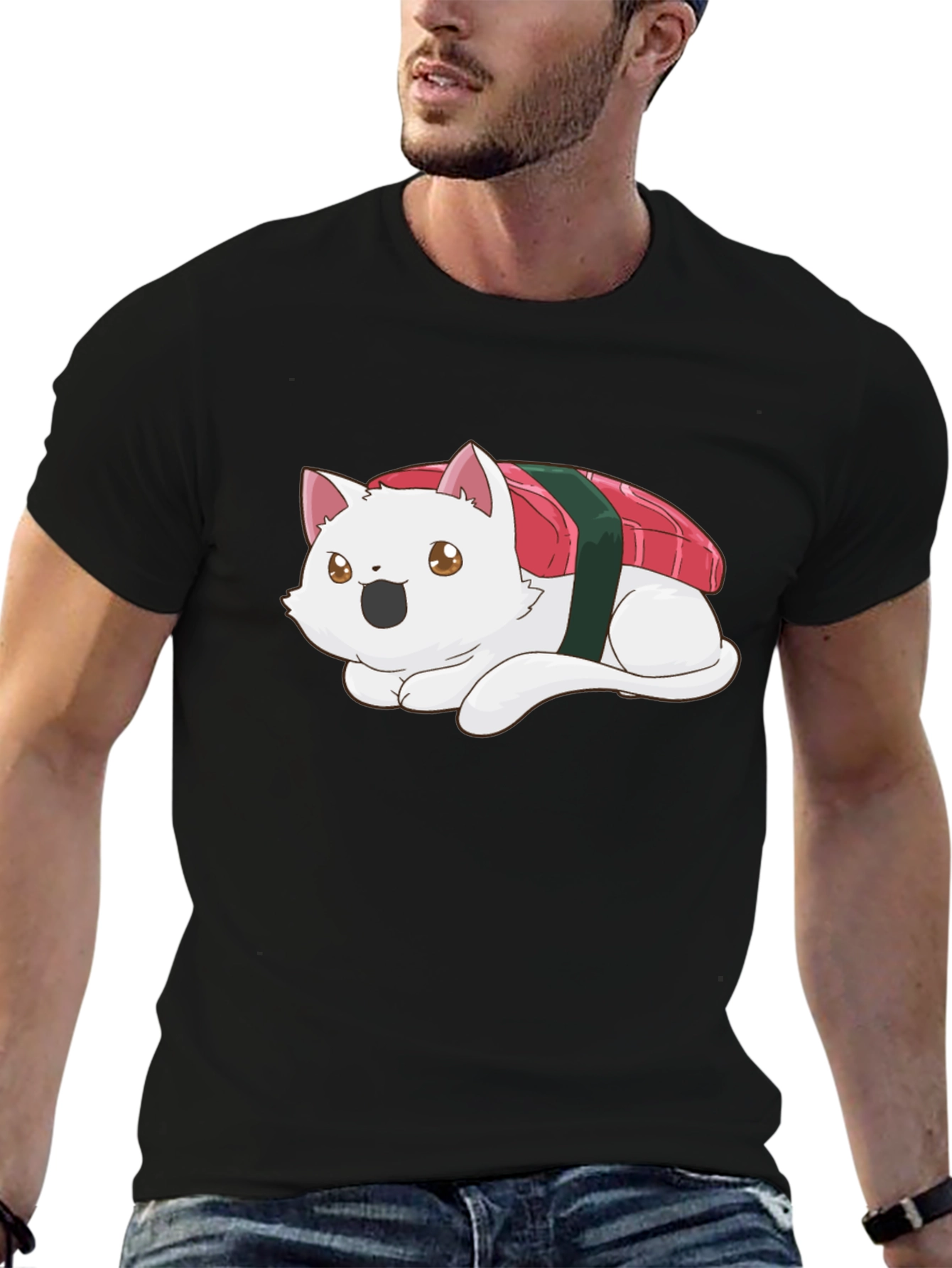 Sushi Cat Black T-Shirt - Whimsical Design