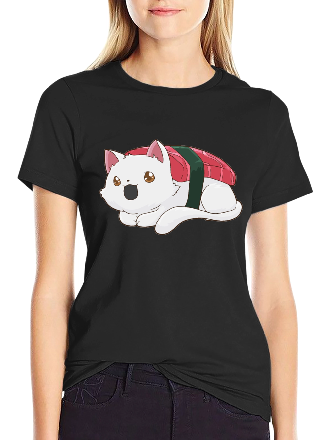 Sushi Cat Black T-Shirt - Whimsical Design