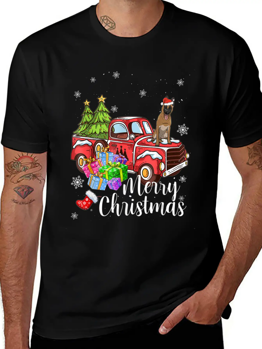 Malinois Riding Red Truck Xmas Merry Christmas Essential Cotton Tee For Daily Outfits – Unisex Style