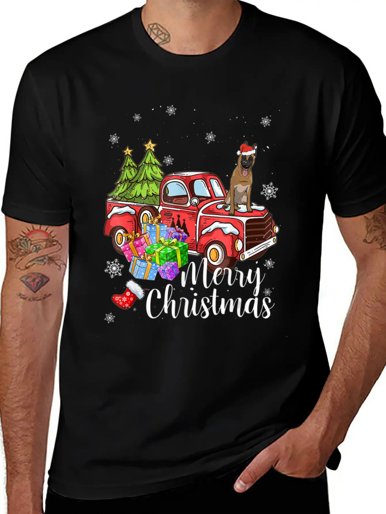 Malinois Riding Red Truck Xmas Merry Christmas Essential Cotton Tee For Daily Outfits – Unisex Style