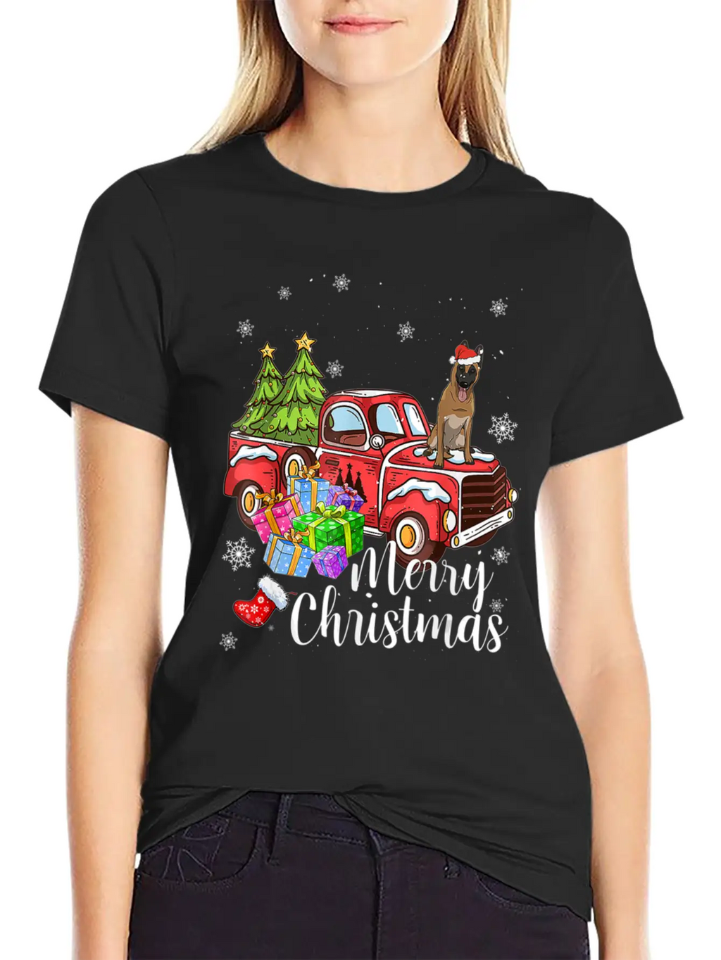 Malinois Riding Red Truck Xmas Merry Christmas Essential Cotton Tee For Daily Outfits – Unisex Style