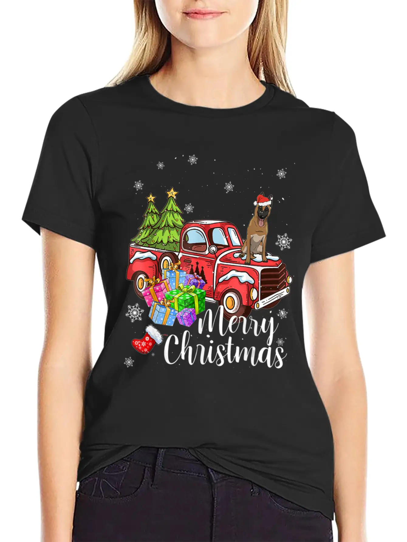 Malinois Riding Red Truck Xmas Merry Christmas Essential Cotton Tee For Daily Outfits – Unisex Style