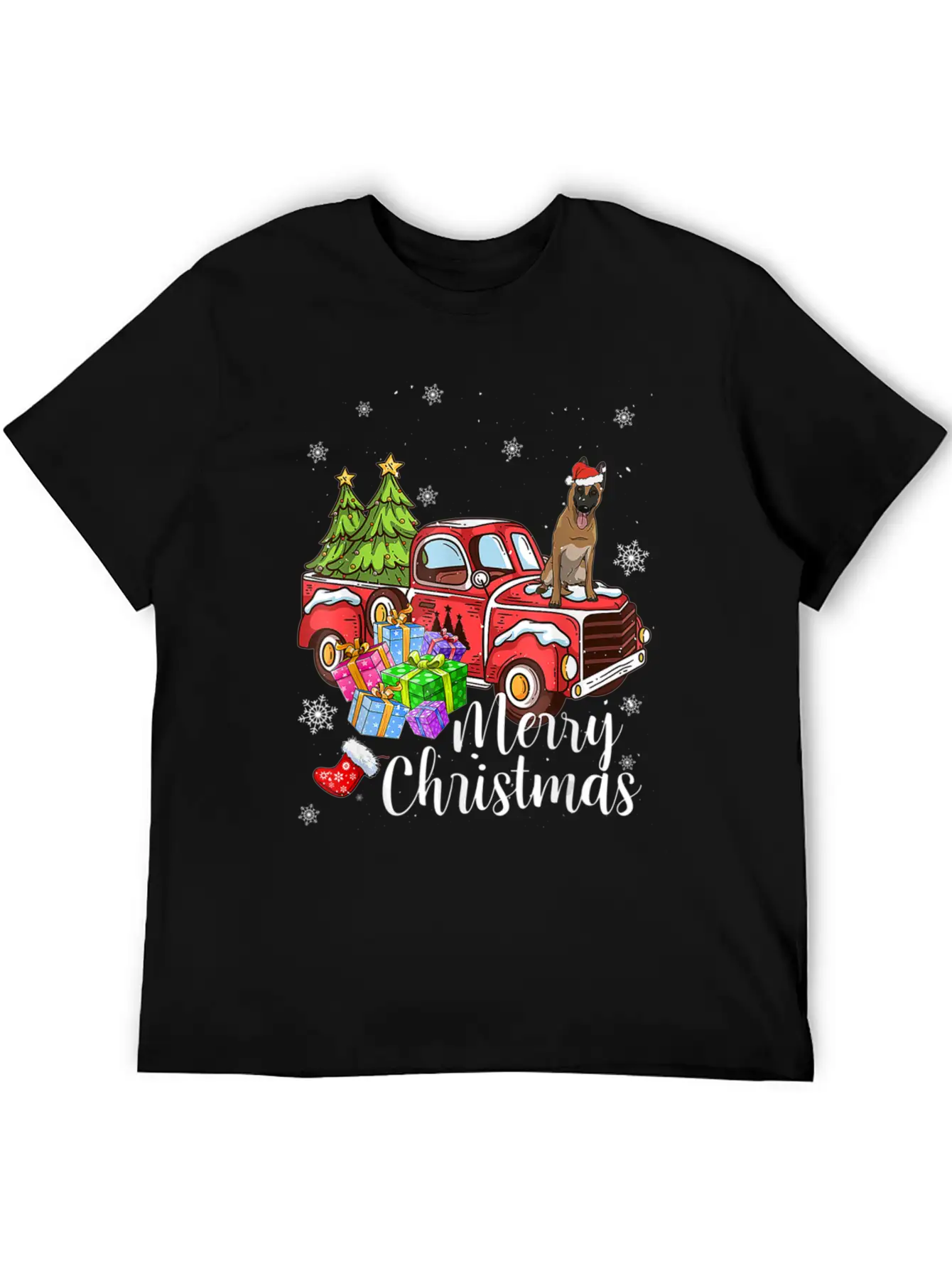 Malinois Riding Red Truck Xmas Merry Christmas Essential Cotton Tee For Daily Outfits – Unisex Style