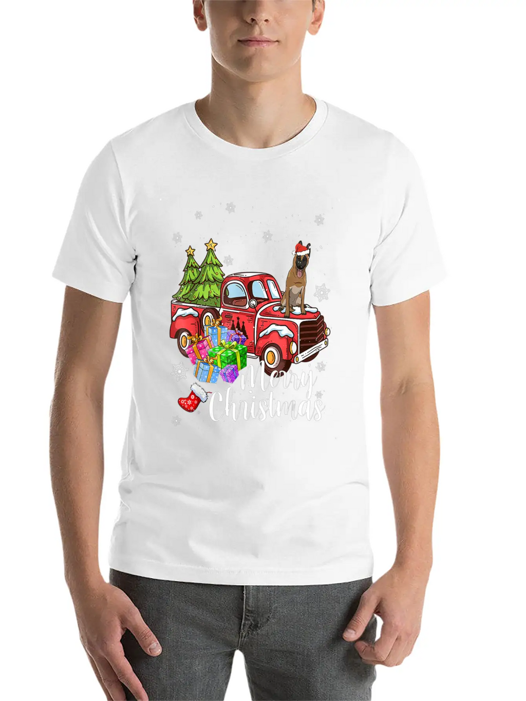 Malinois Riding Red Truck Xmas Merry Christmas Essential Cotton Tee For Daily Outfits – Unisex Style
