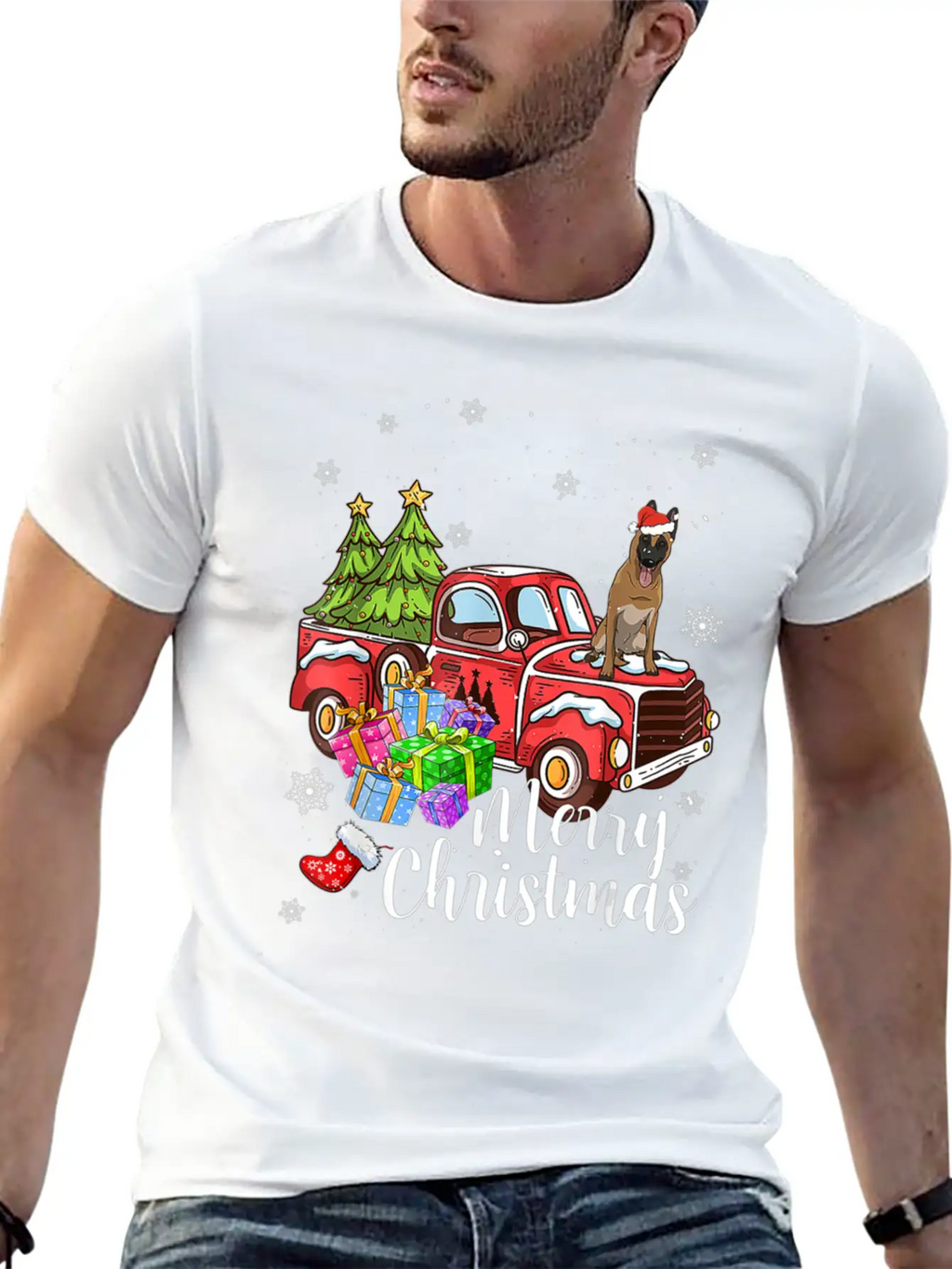Malinois Riding Red Truck Xmas Merry Christmas Essential Cotton Tee For Daily Outfits – Unisex Style