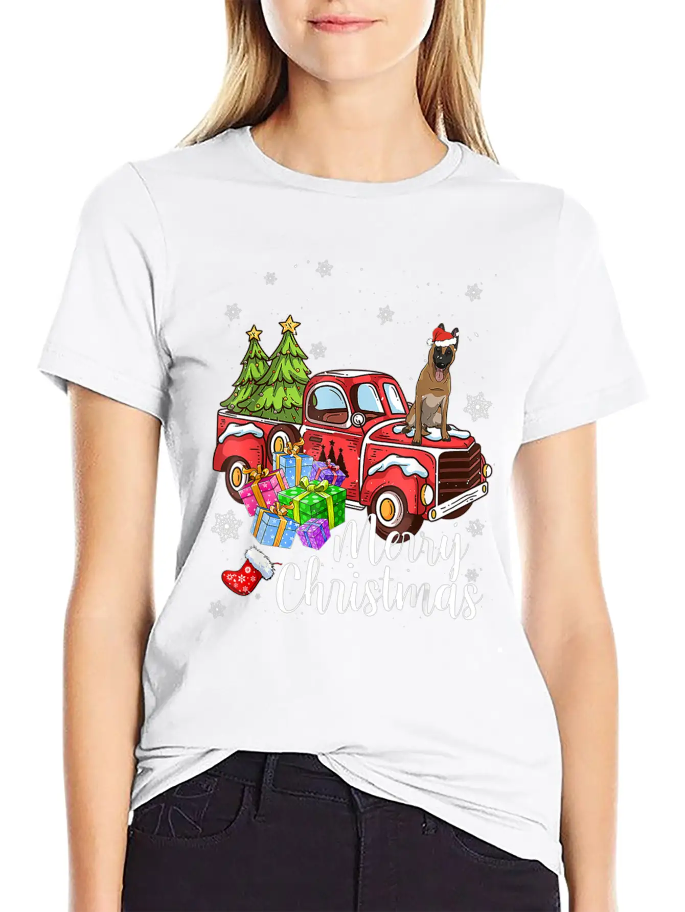 Malinois Riding Red Truck Xmas Merry Christmas Essential Cotton Tee For Daily Outfits – Unisex Style