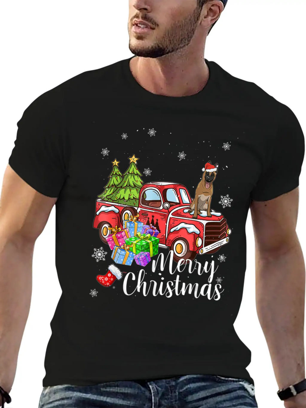 Malinois Riding Red Truck Xmas Merry Christmas Essential Cotton Tee For Daily Outfits – Unisex Style