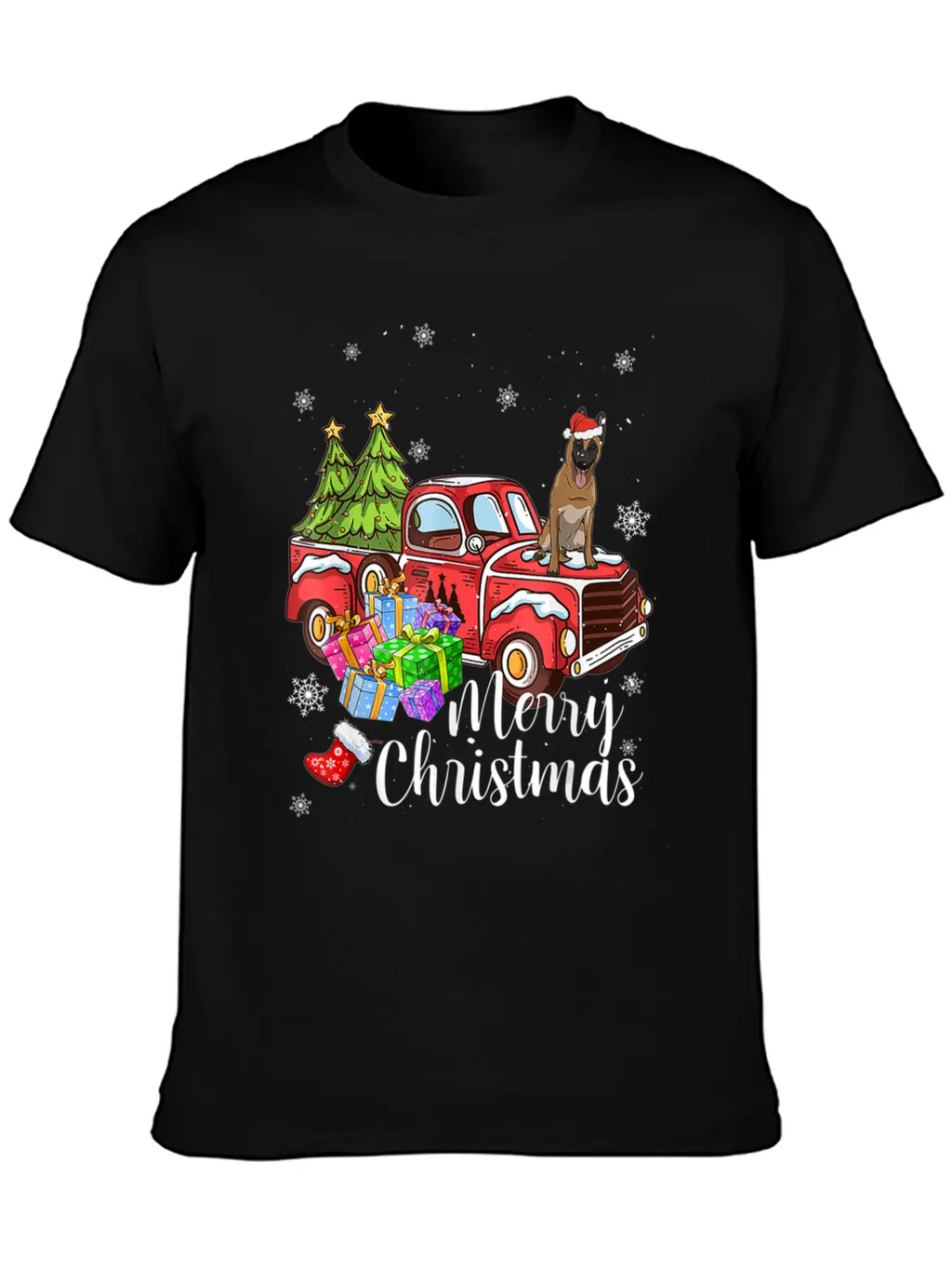 Malinois Riding Red Truck Xmas Merry Christmas Essential Cotton Tee For Daily Outfits – Unisex Style