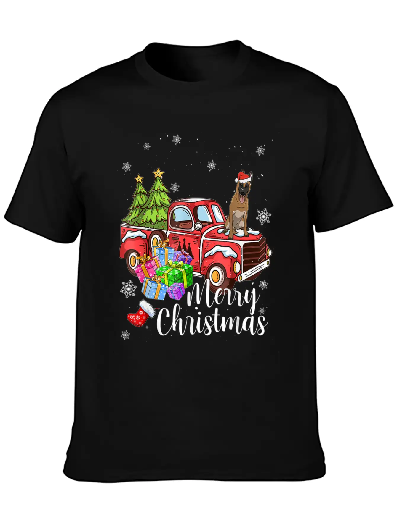 Malinois Riding Red Truck Xmas Merry Christmas Essential Cotton Tee For Daily Outfits – Unisex Style