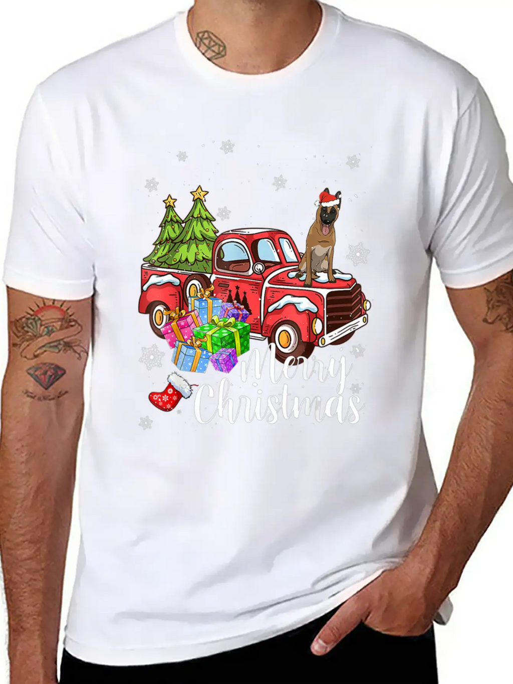Malinois Riding Red Truck Xmas Merry Christmas Essential Cotton Tee For Daily Outfits – Unisex Style