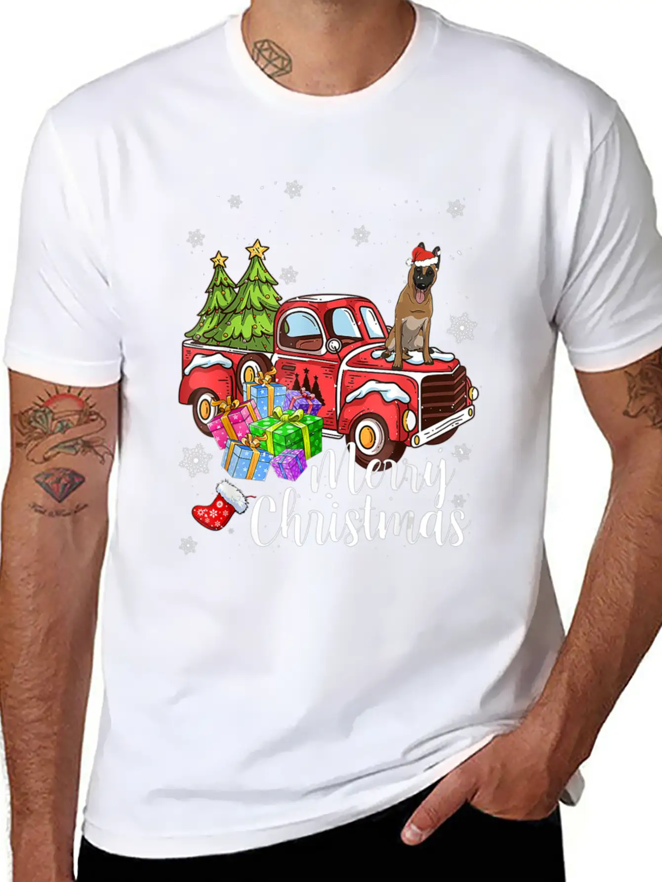 Malinois Riding Red Truck Xmas Merry Christmas Essential Cotton Tee For Daily Outfits – Unisex Style
