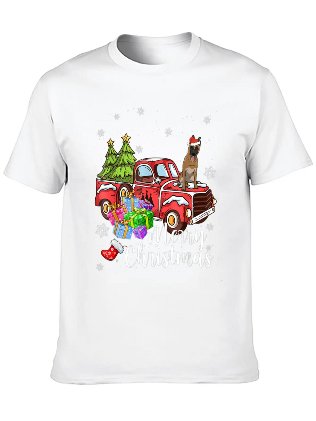 Malinois Riding Red Truck Xmas Merry Christmas Essential Cotton Tee For Daily Outfits – Unisex Style