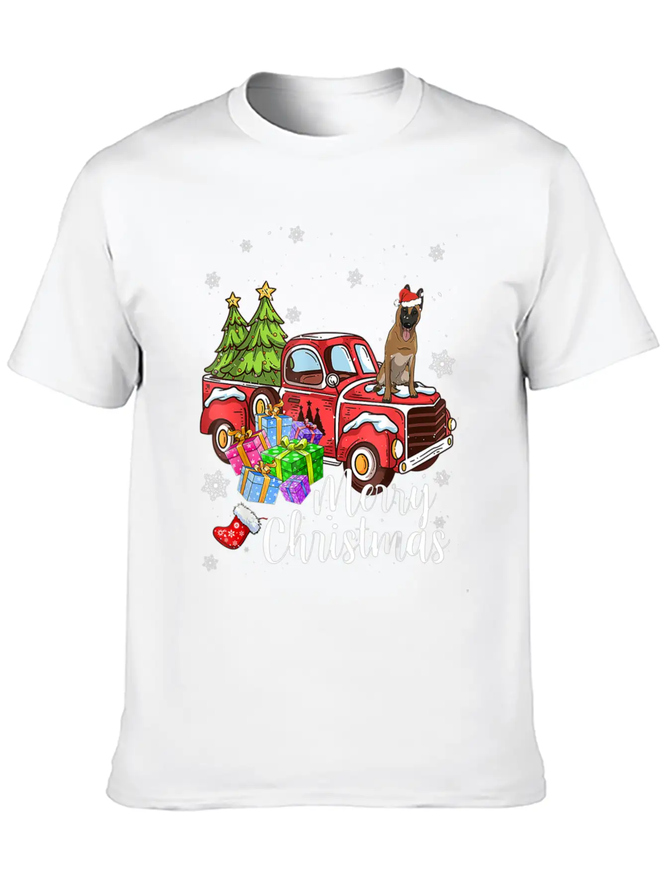 Malinois Riding Red Truck Xmas Merry Christmas Essential Cotton Tee For Daily Outfits – Unisex Style