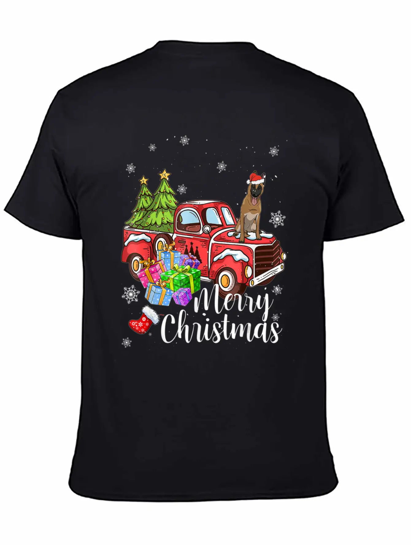 Malinois Riding Red Truck Xmas Merry Christmas Essential Cotton Tee For Daily Outfits – Unisex Style