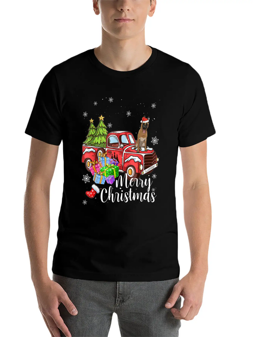 Malinois Riding Red Truck Xmas Merry Christmas Essential Cotton Tee For Daily Outfits – Unisex Style