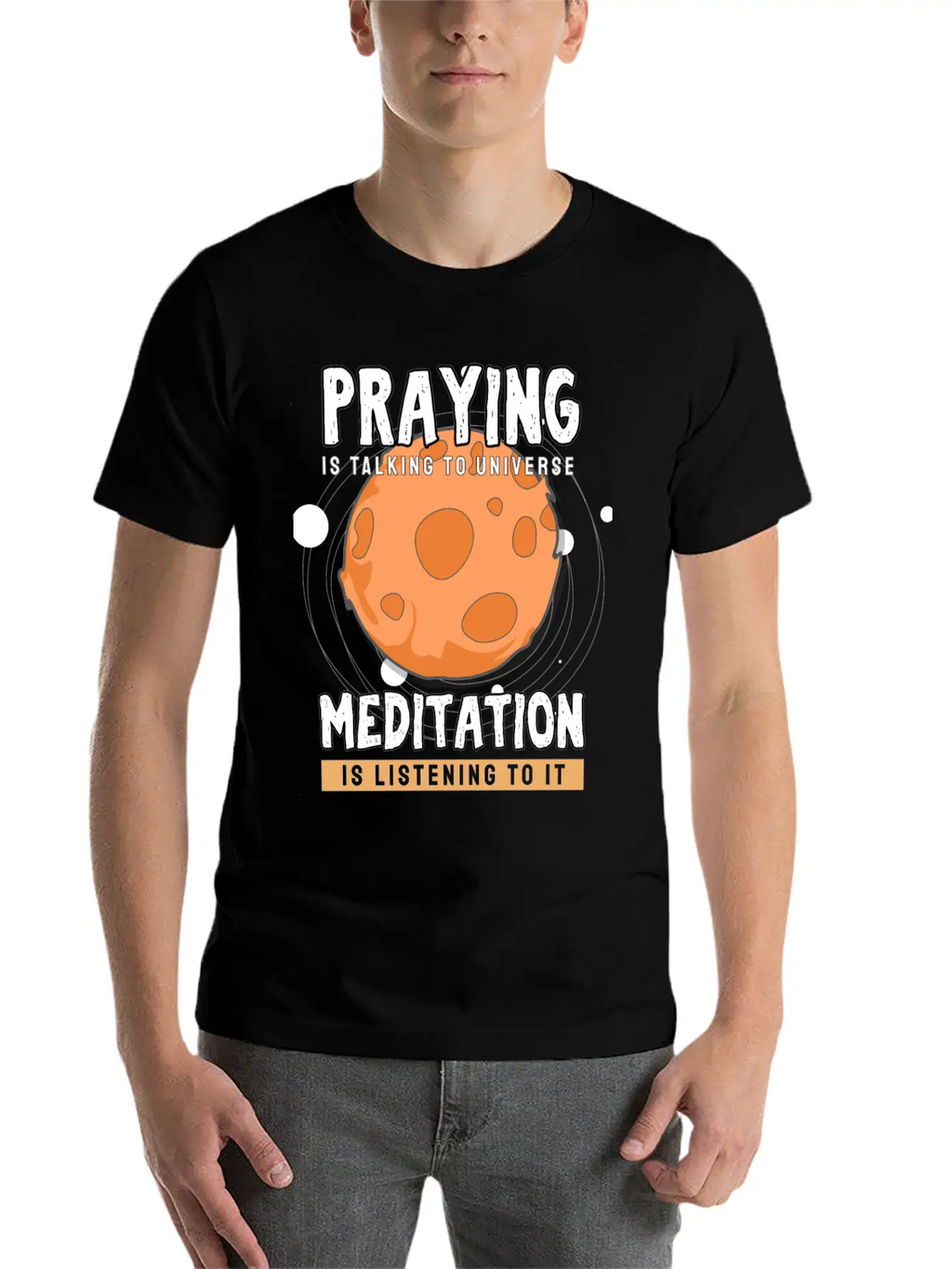 Meditate Praying Universe Stylish Everyday T-Shirt – Unisex Basic Cotton Tee