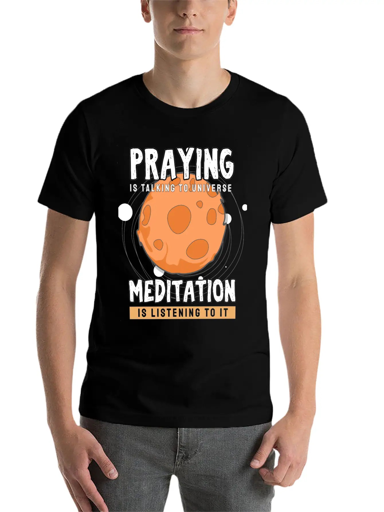 Meditate Praying Universe Stylish Everyday T-Shirt – Unisex Basic Cotton Tee