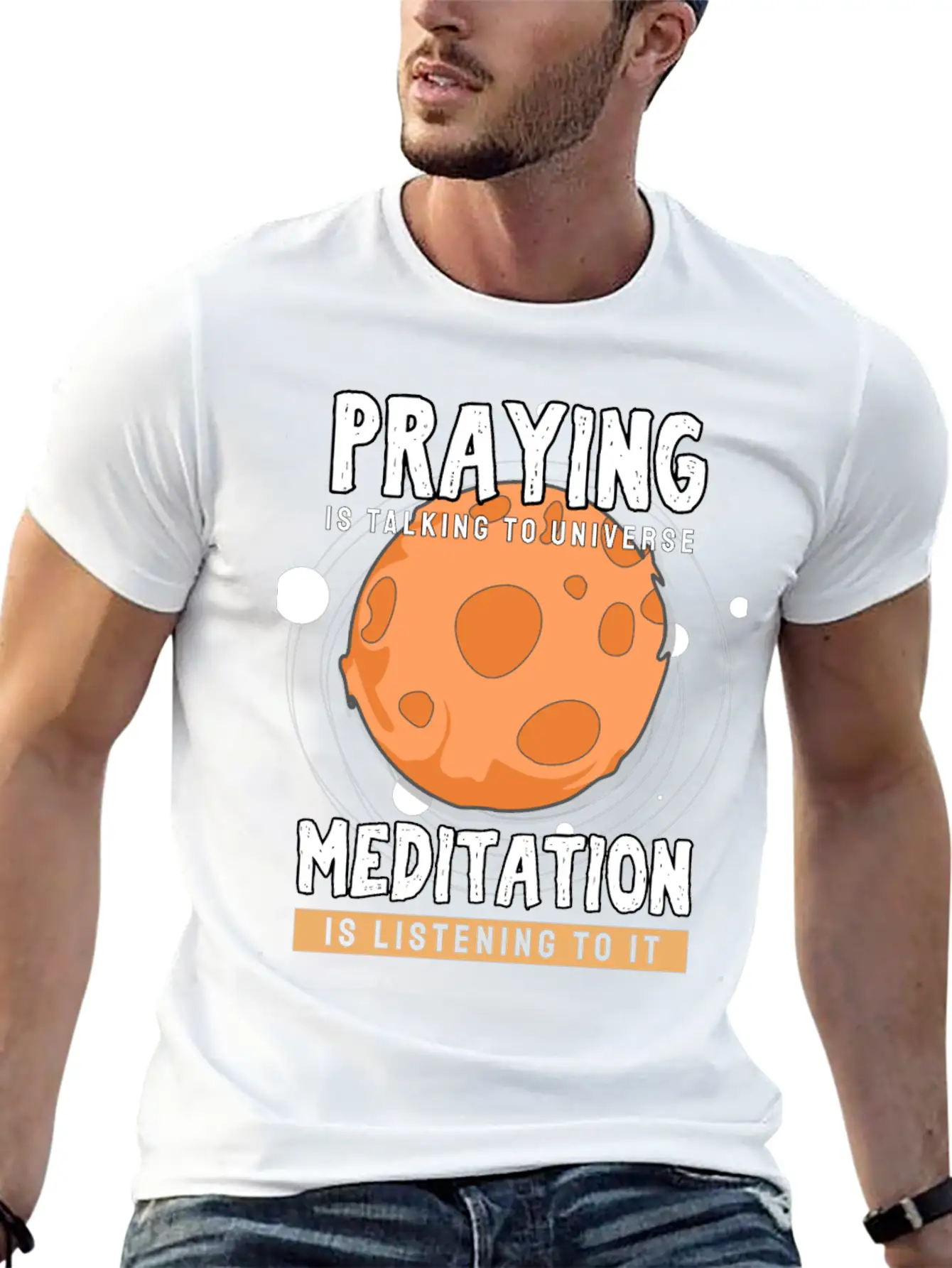 Meditate Praying Universe Stylish Everyday T-Shirt – Unisex Basic Cotton Tee