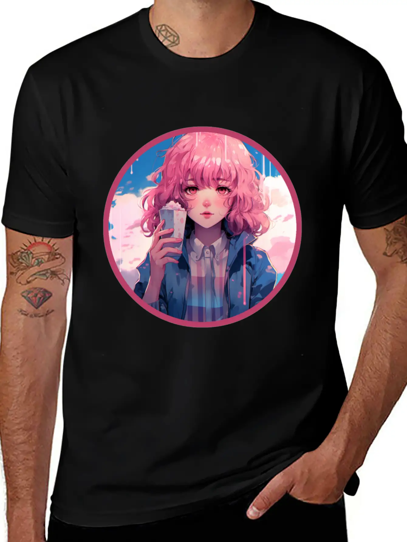 Melting Ice Cream Anime Girl Vaporwave Digital Stylish Everyday T-Shirt – Unisex Basic Cotton Tee