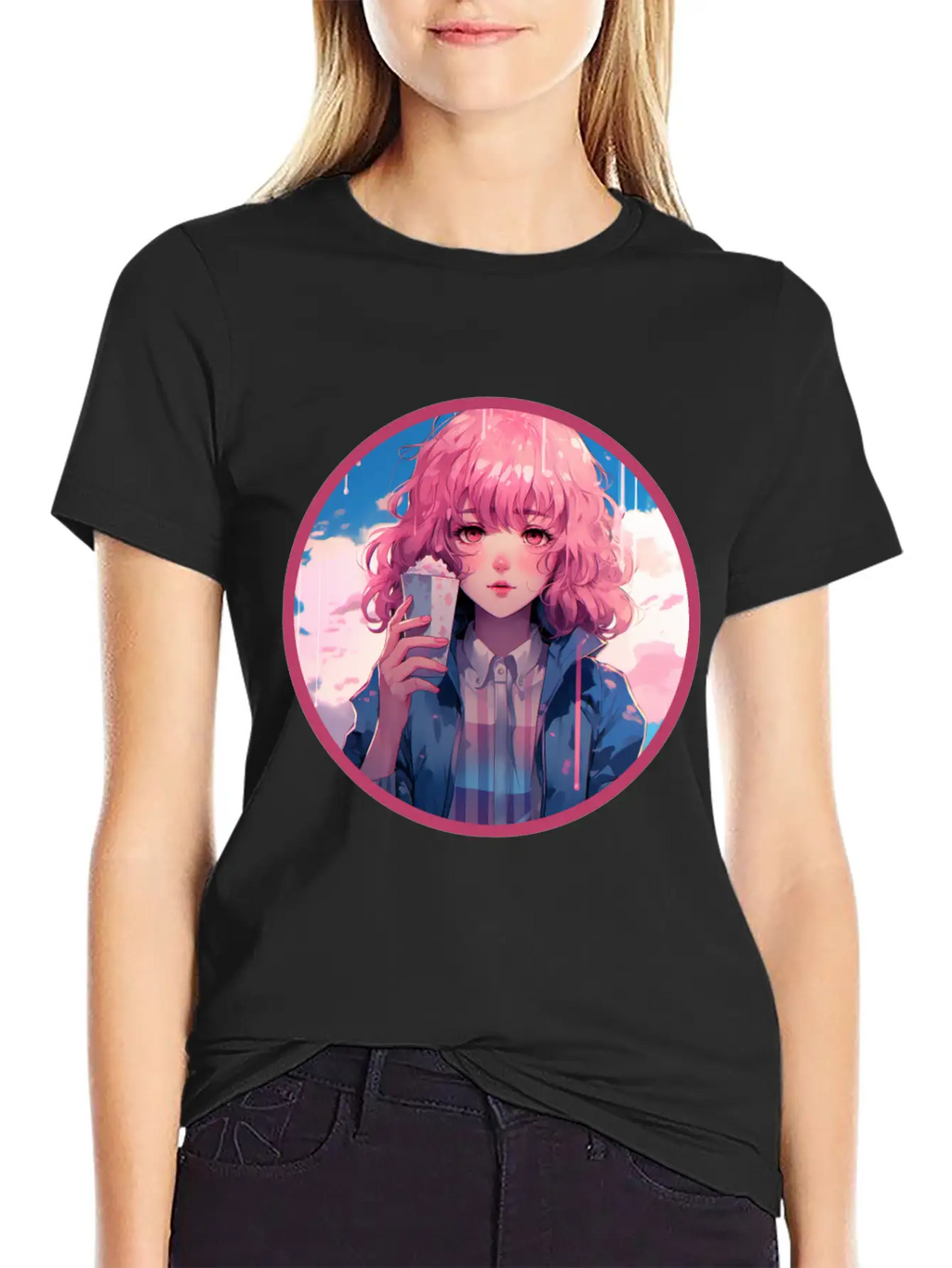 Melting Ice Cream Anime Girl Vaporwave Digital Stylish Everyday T-Shirt – Unisex Basic Cotton Tee