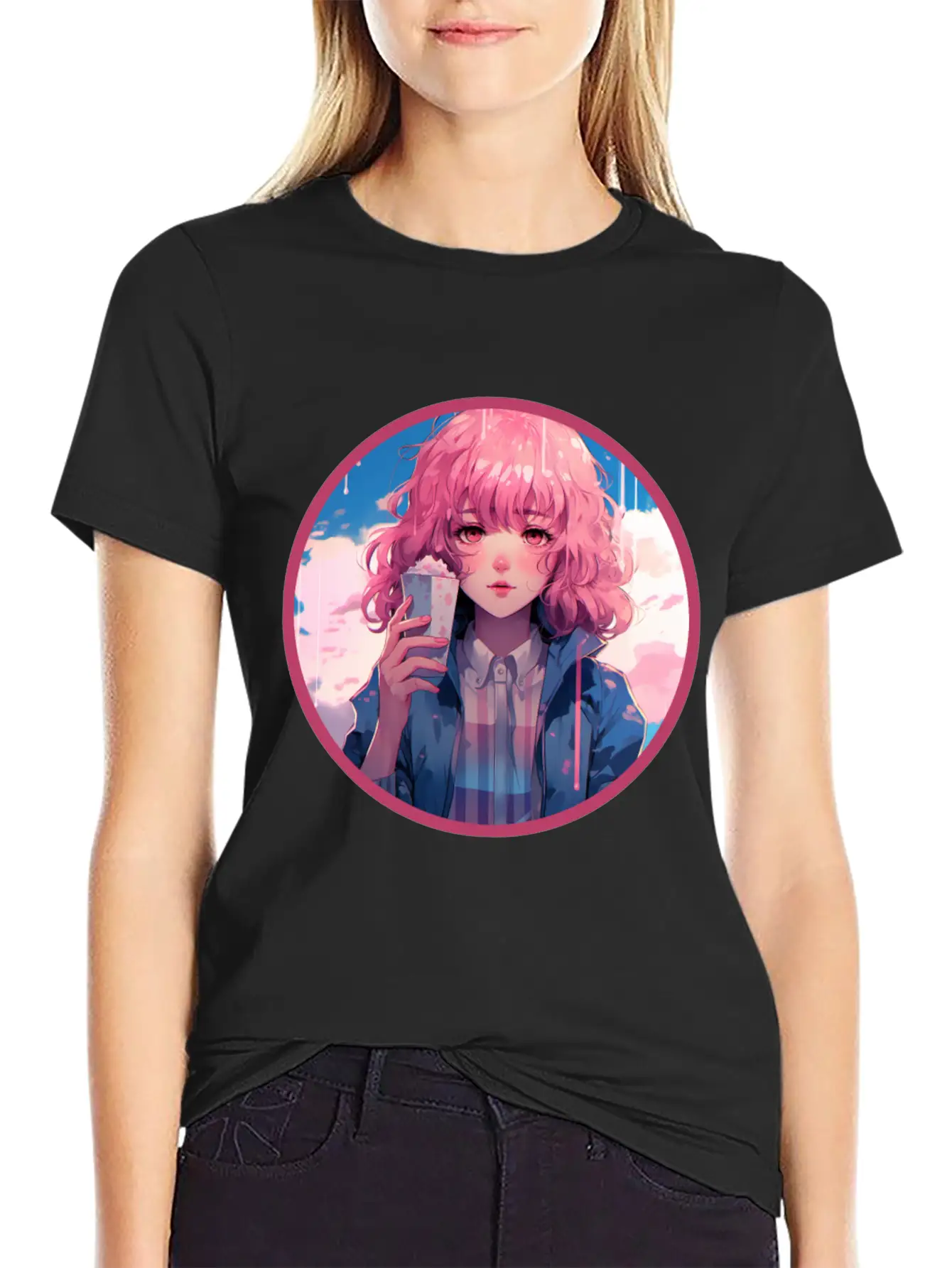 Melting Ice Cream Anime Girl Vaporwave Digital Stylish Everyday T-Shirt – Unisex Basic Cotton Tee