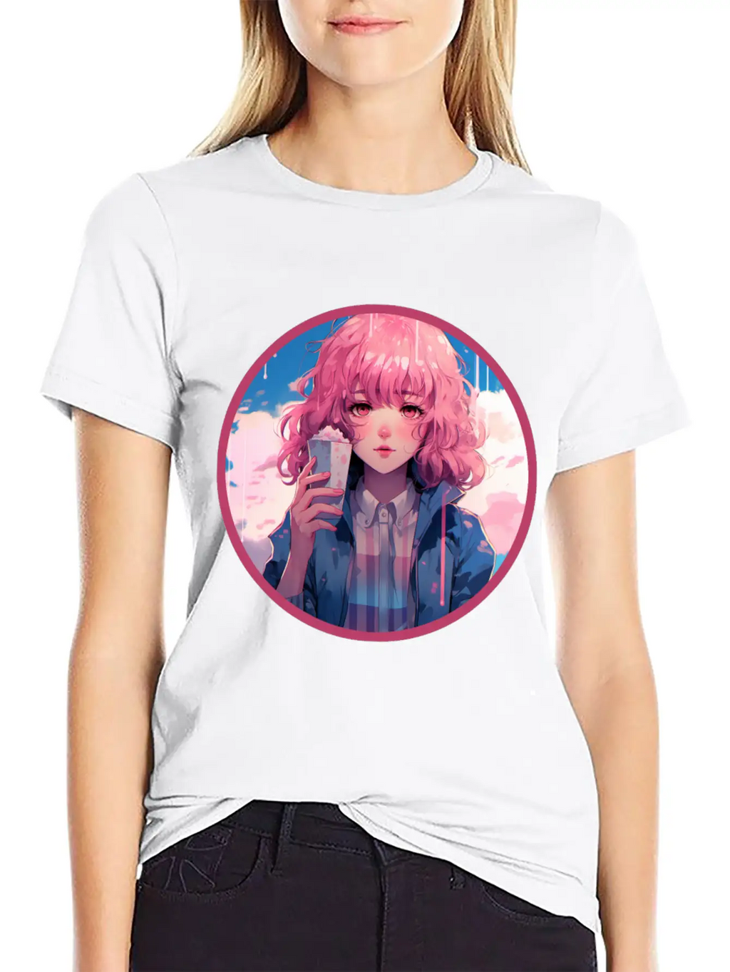 Melting Ice Cream Anime Girl Vaporwave Digital Stylish Everyday T-Shirt – Unisex Basic Cotton Tee