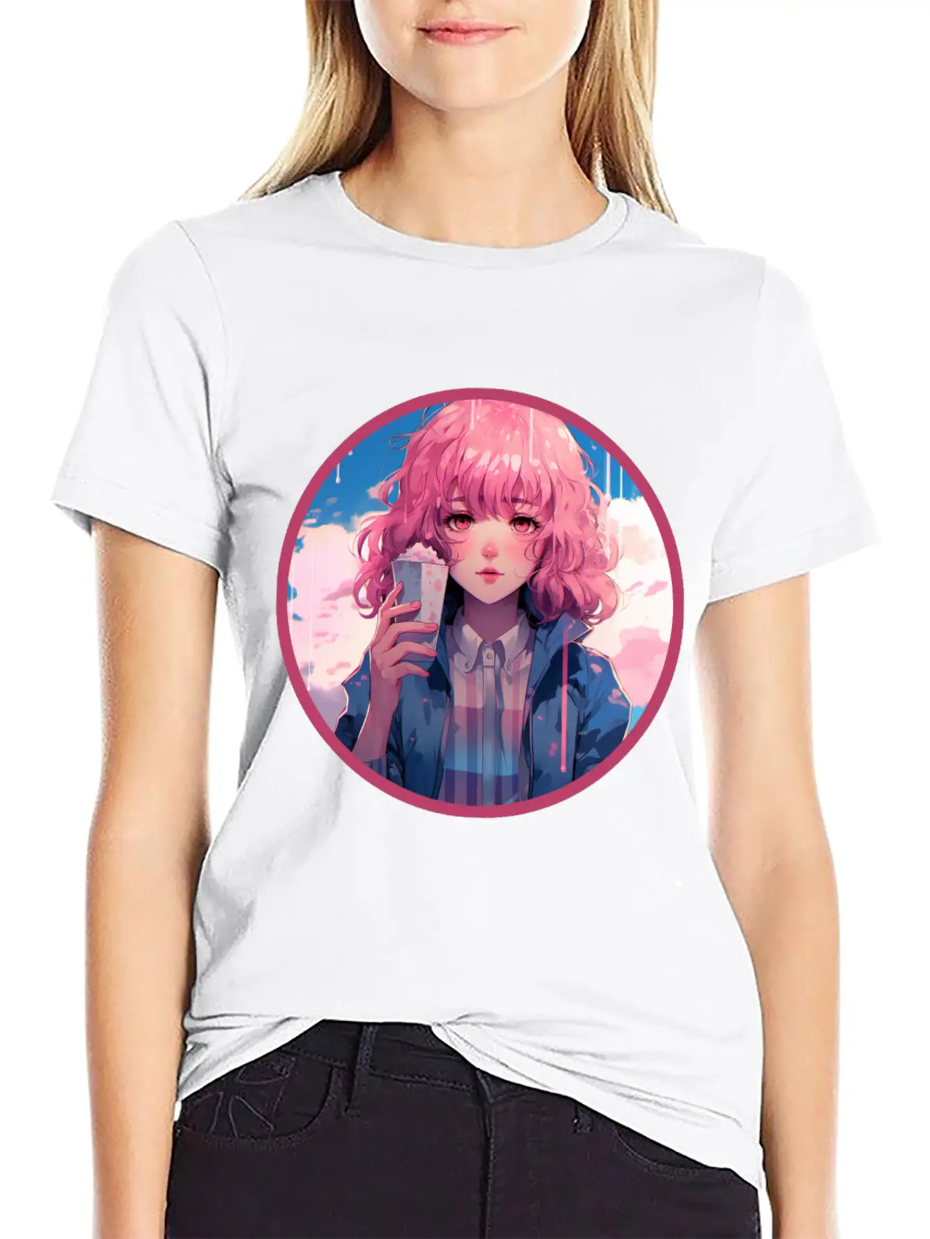 Melting Ice Cream Anime Girl Vaporwave Digital Stylish Everyday T-Shirt – Unisex Basic Cotton Tee