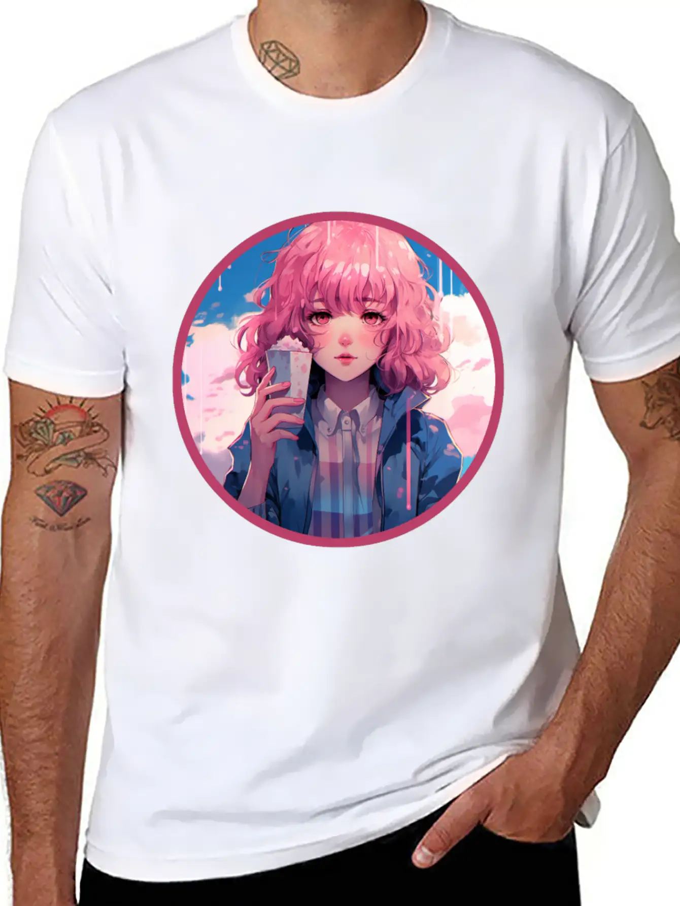 Melting Ice Cream Anime Girl Vaporwave Digital Stylish Everyday T-Shirt – Unisex Basic Cotton Tee