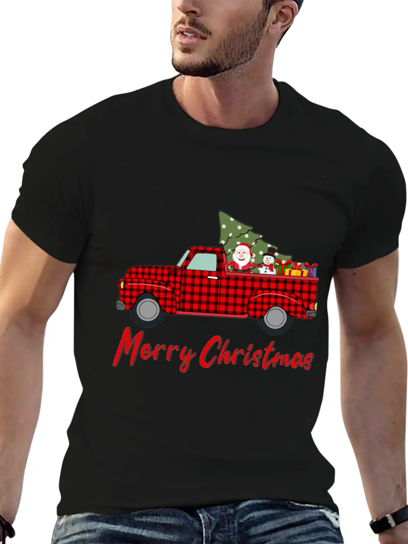 Merry Christmas Red Buffalo Plaid Truck Timeless Short Sleeve Tee – Comfy And Minimalist Design