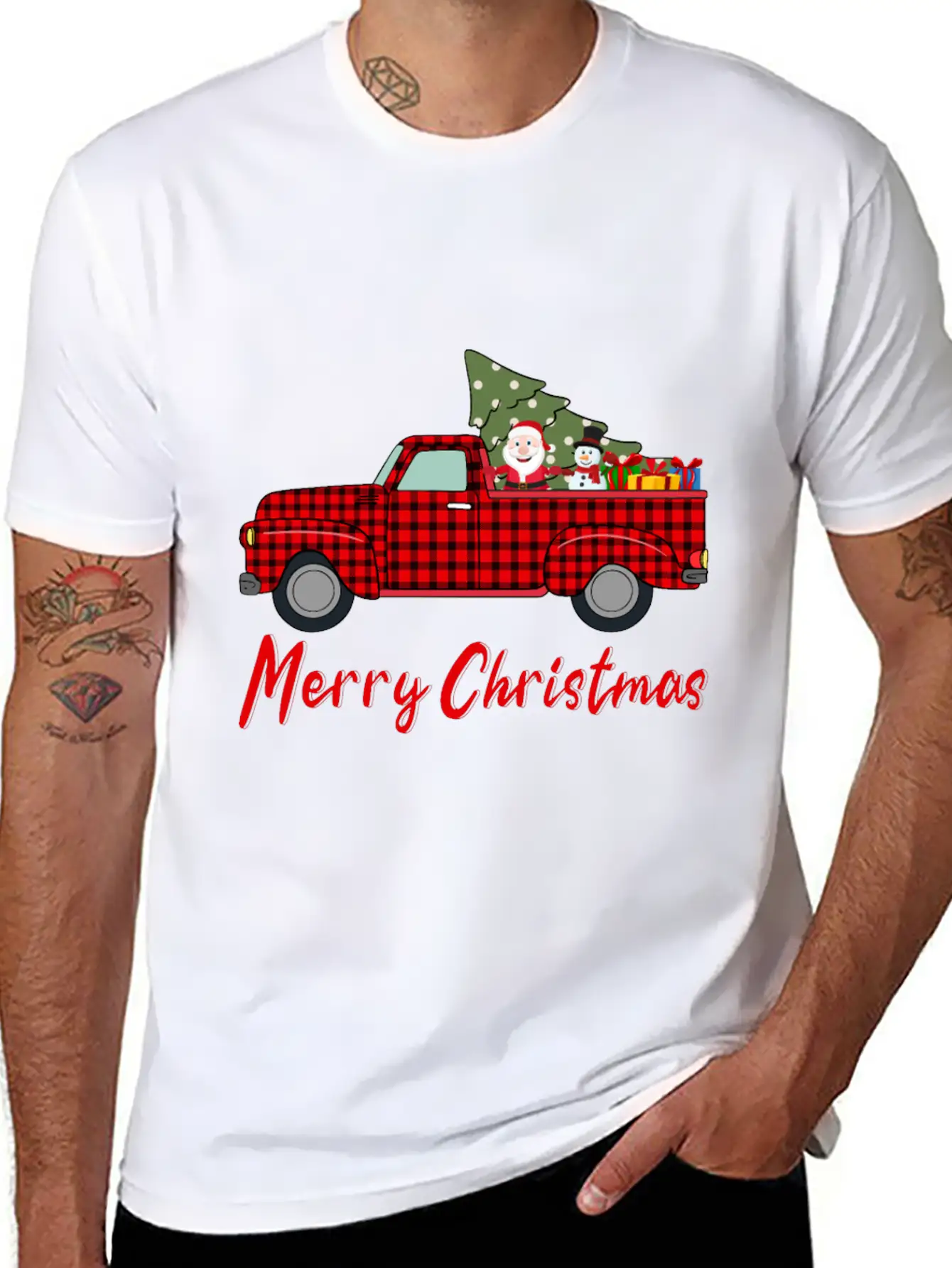 Merry Christmas Red Buffalo Plaid Truck Timeless Short Sleeve Tee – Comfy And Minimalist Design