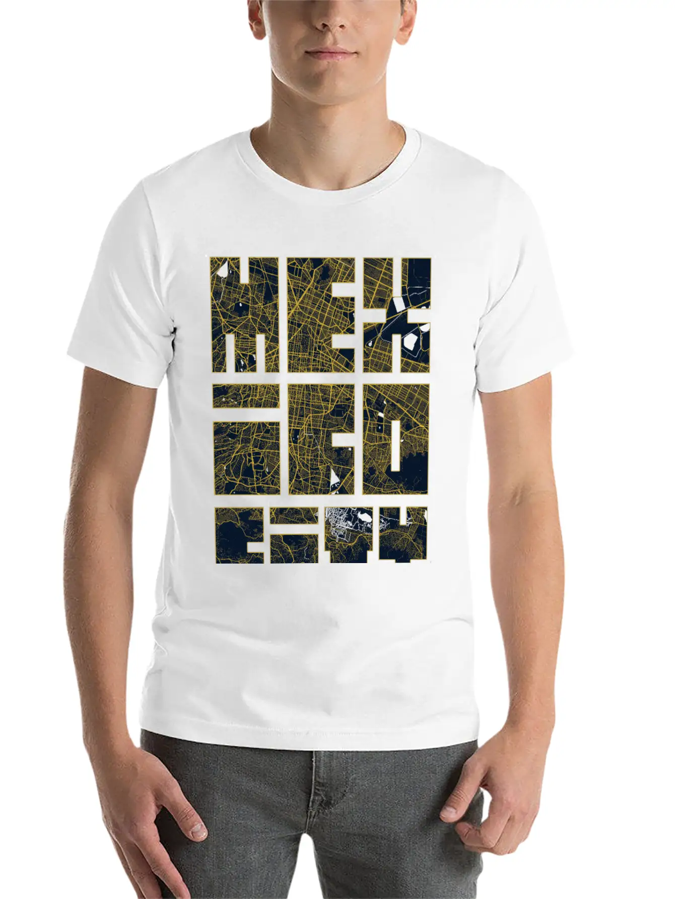 Mexico City Map Typography - Gold Art Deco Classic Cotton Tee – Unisex Comfort For Any Season