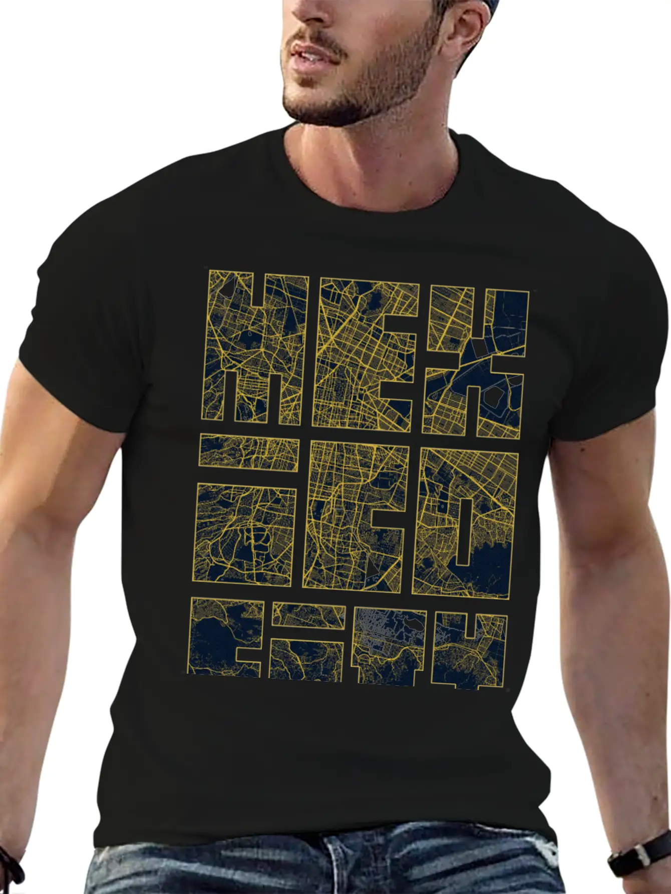 Mexico City Map Typography - Gold Art Deco Classic Cotton Tee – Unisex Comfort For Any Season