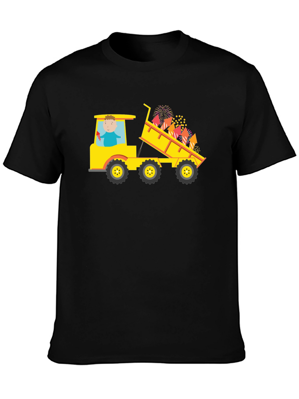 Black T-Shirt with Construction Truck Fireworks Graphic