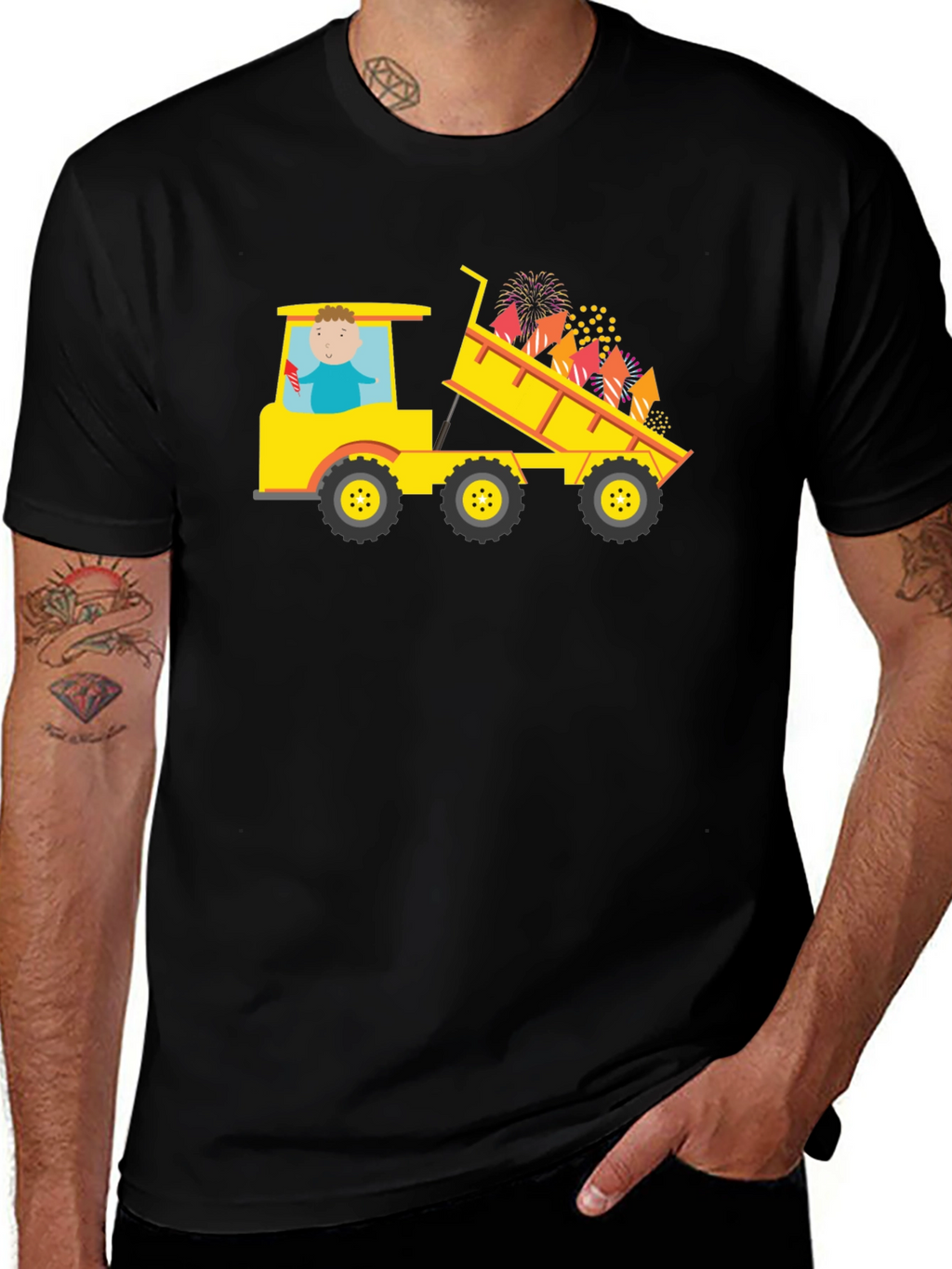 Black T-Shirt with Construction Truck Fireworks Graphic
