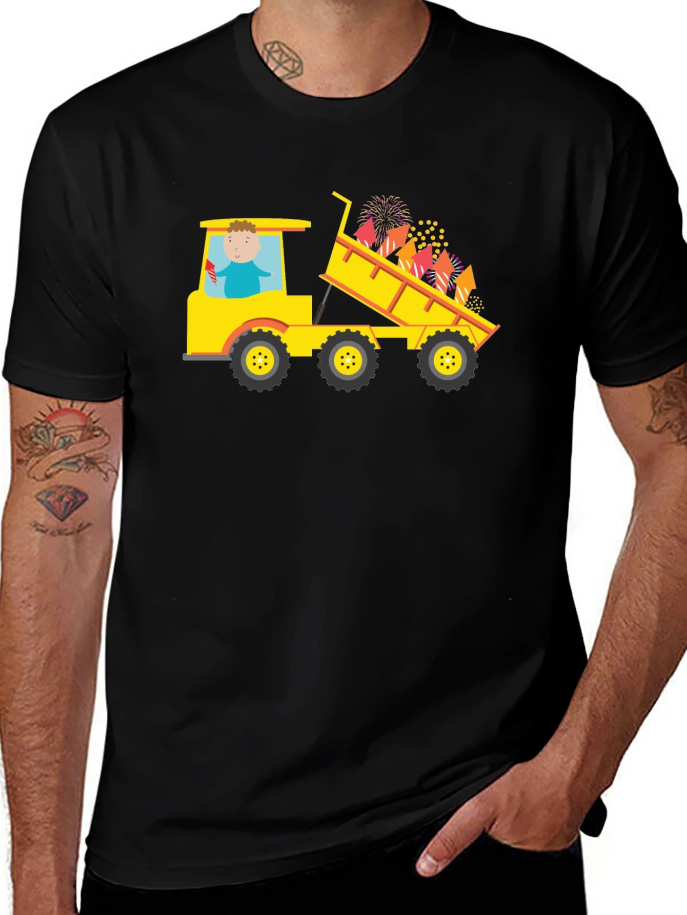 Black T-Shirt with Construction Truck Fireworks Graphic