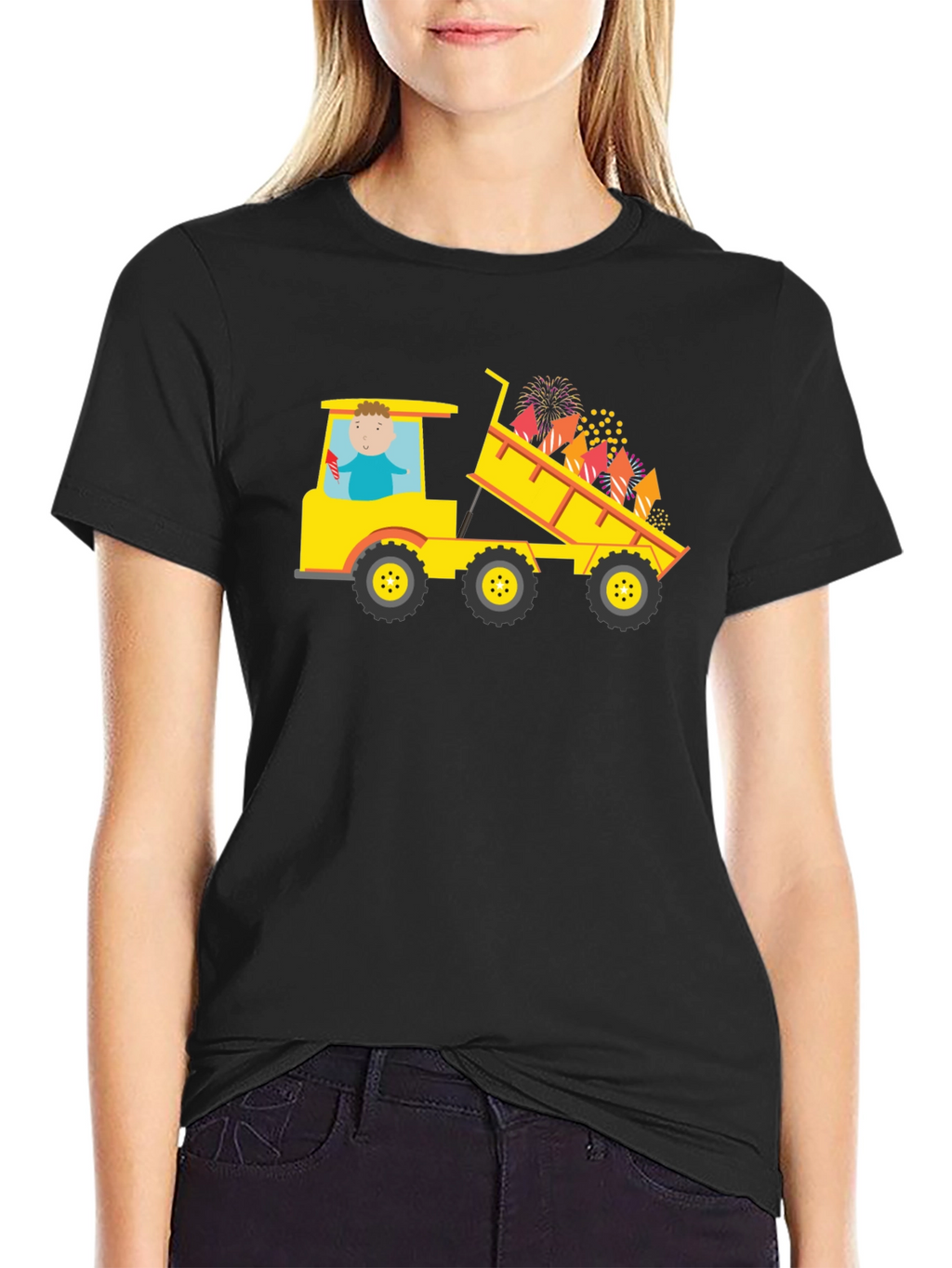 Black T-Shirt with Construction Truck Fireworks Graphic